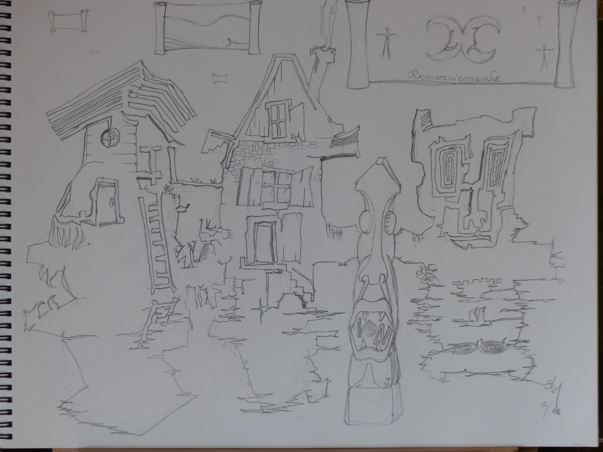 Deux maisons et une tronche au bord d'un lac. Par rapport au dessin de "En Boucle" page 24, j'ai rajouté le totem, reprise de mon couteau réalisé par jeremy.