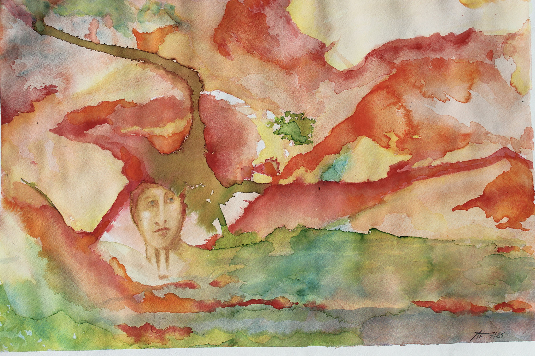 Das Papier bewegen, Farbe laufen lassen. Auf Aquarellpapier arbeitet die Farbe weiter. Manchmal passt das, manchmal nicht.