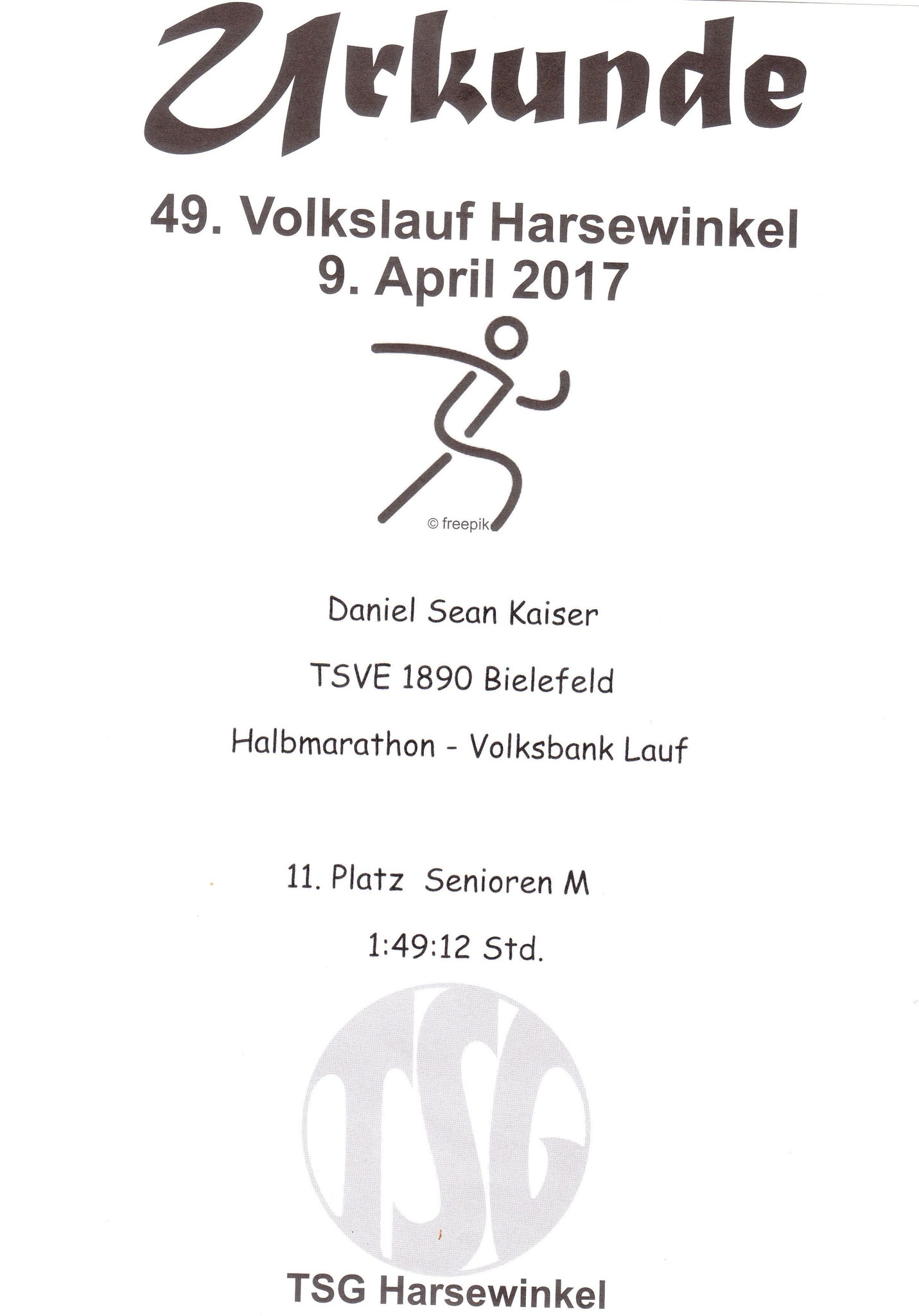 Volkslauf Harsewinkel (Halbmarathon) 2017 - Urkunde