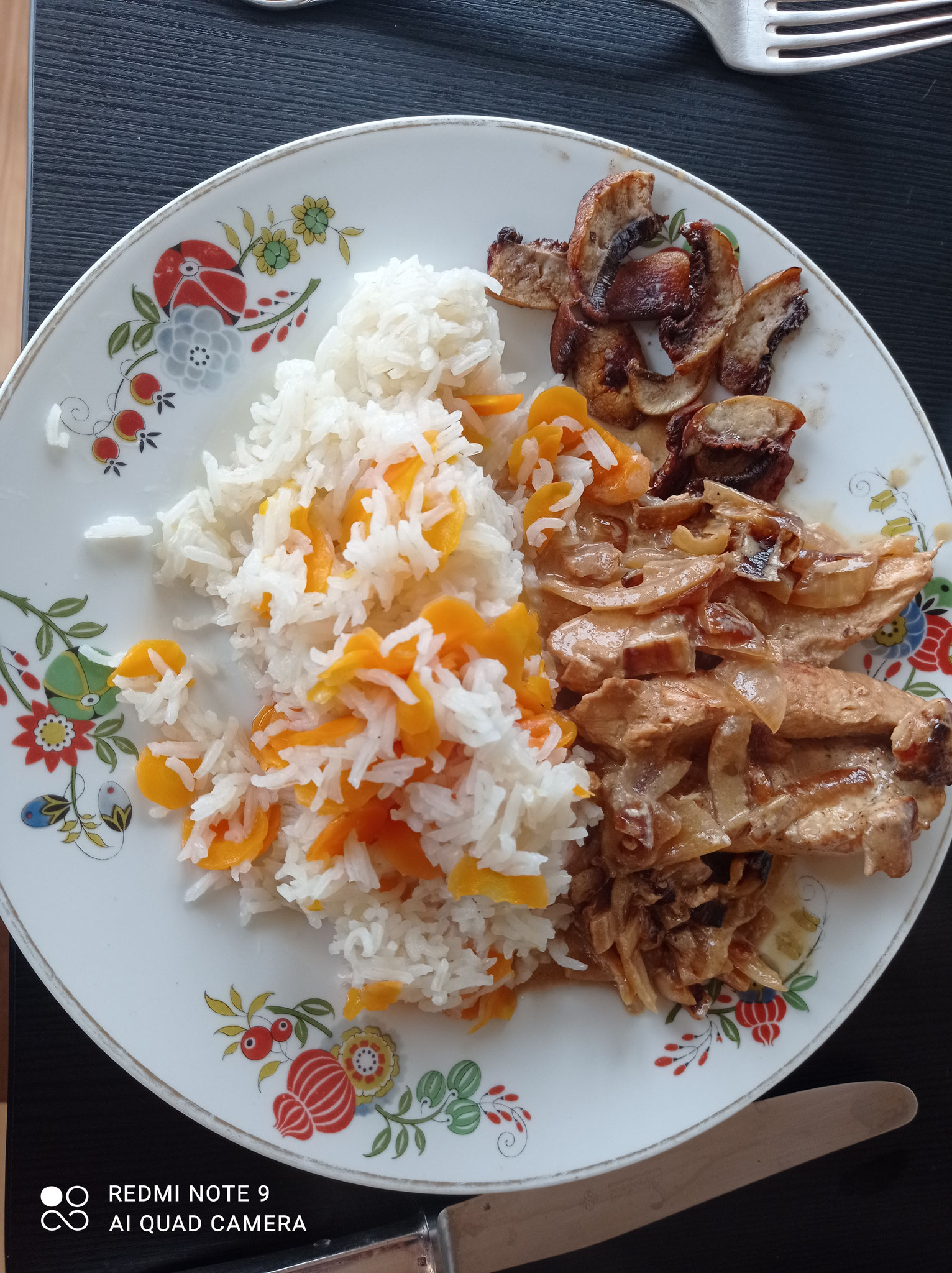 Emincé de poulet auc champignons, riz au potimarron