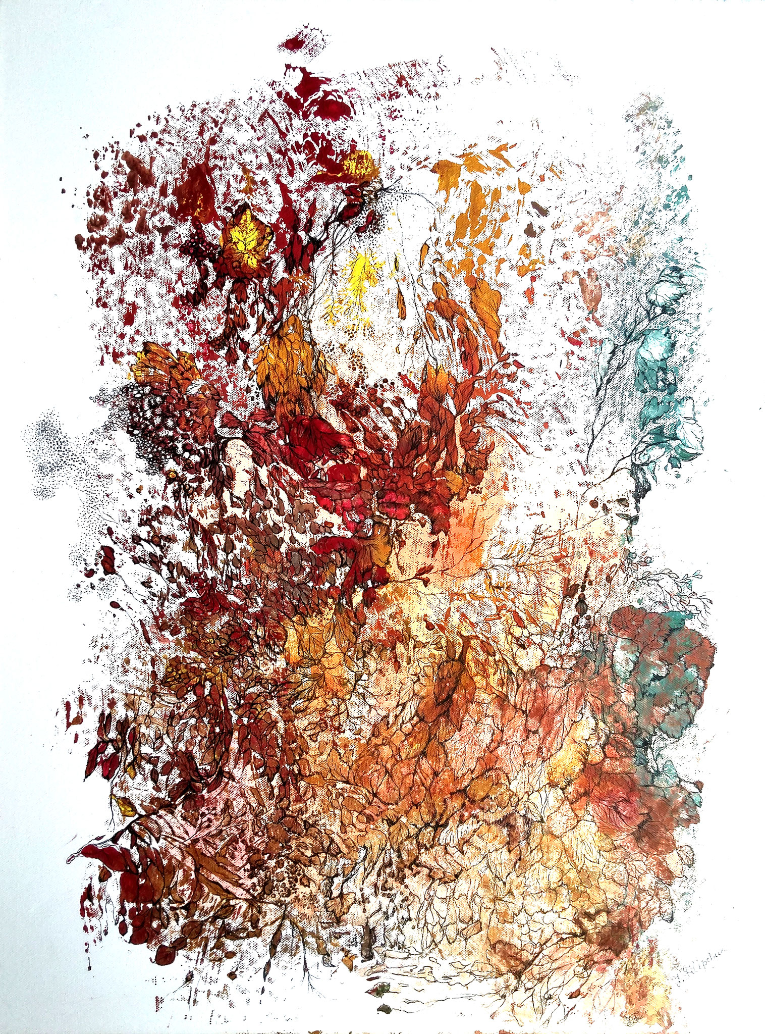 "Erster Herbsttag", Mischtechnik: Monotypie und Grafik, Acryl und Tusche auf Leinwand, 80/60 cm, 2014