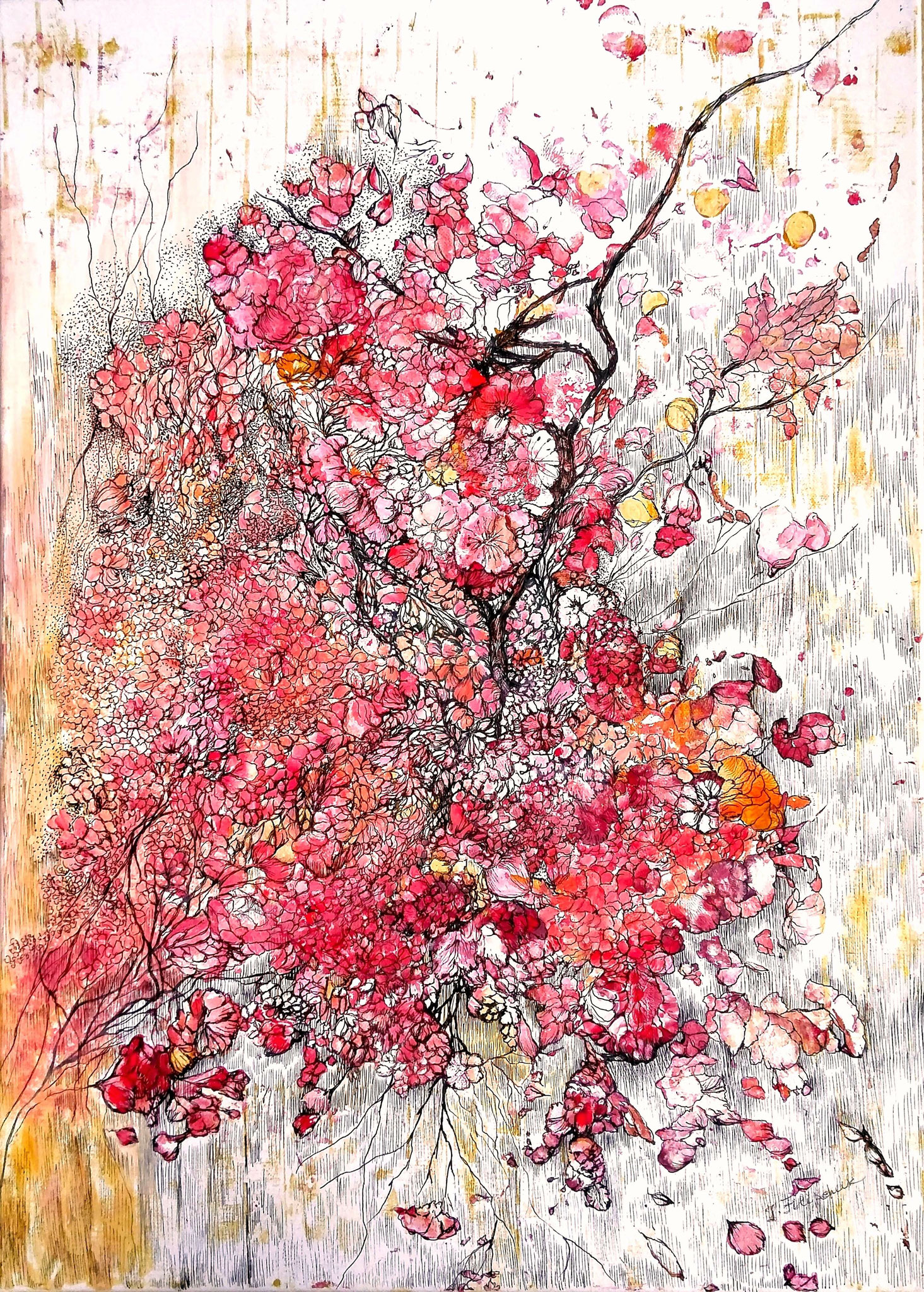 "Sakura", Mischtechnik: Monotypie und Grafik, gemischte Medien auf Leinwand, 70/50 cm, 2016