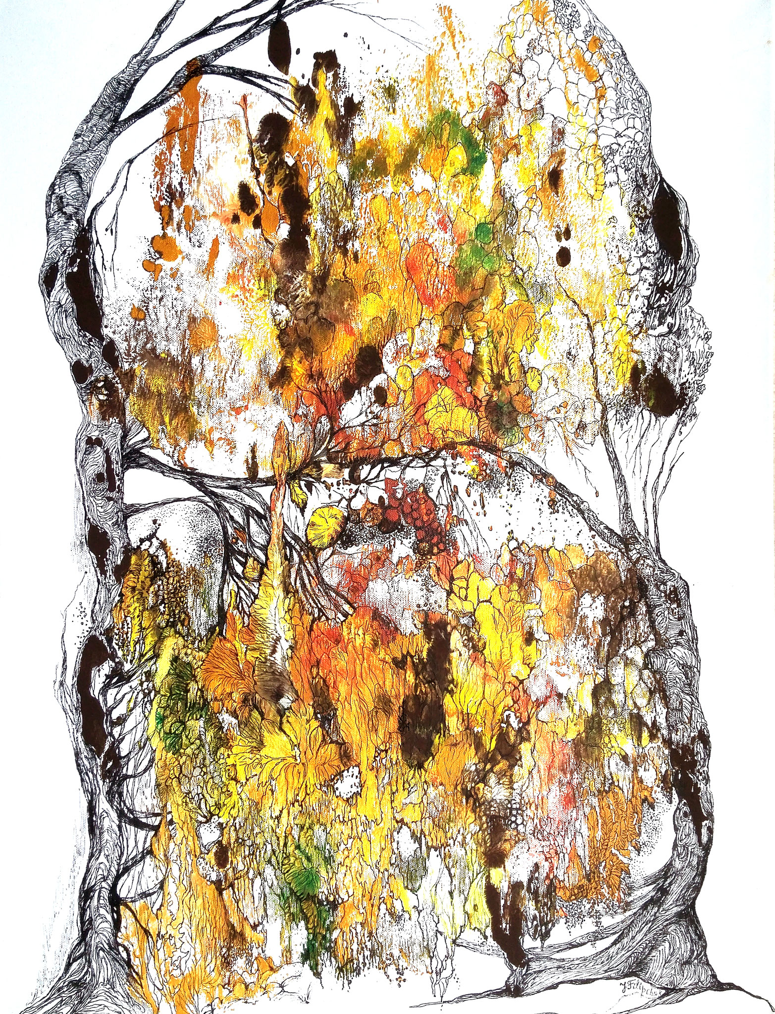 "Herbstetude", Mischtechnik: Monotypie und Grafik, Acryl und Tusche auf Leinwand, 80/60 cm, 2014
