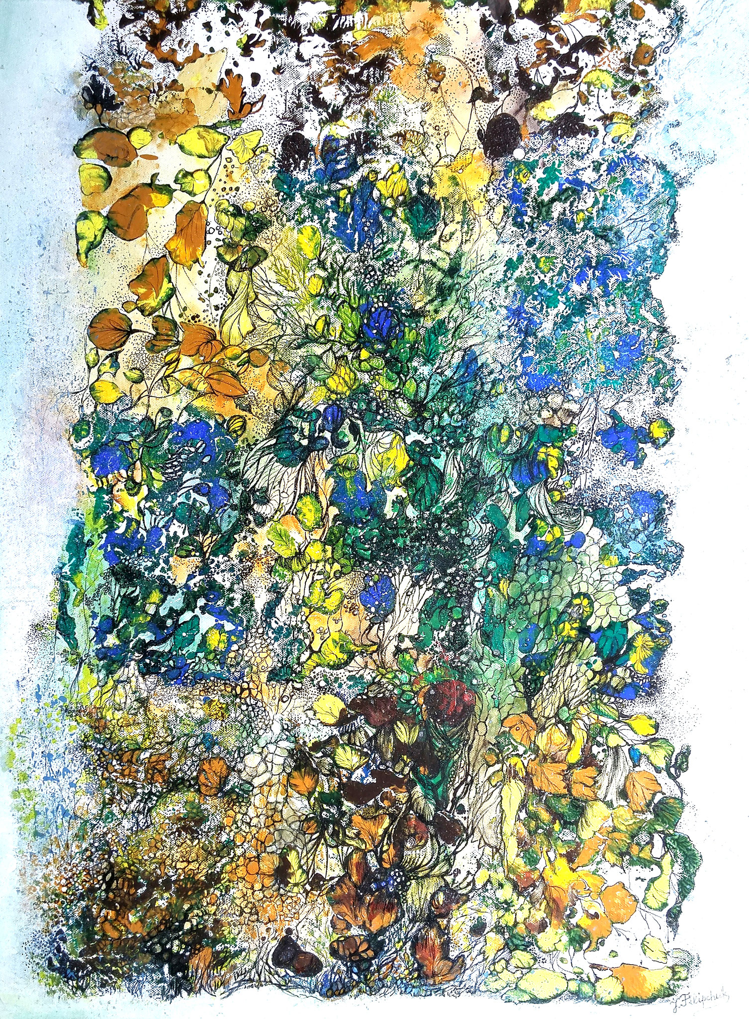 "Waldserenade", Mischtechnik: Monotypie und Grafik, Acryl und Tusche auf Leinwand, 80/60 cm, 2014