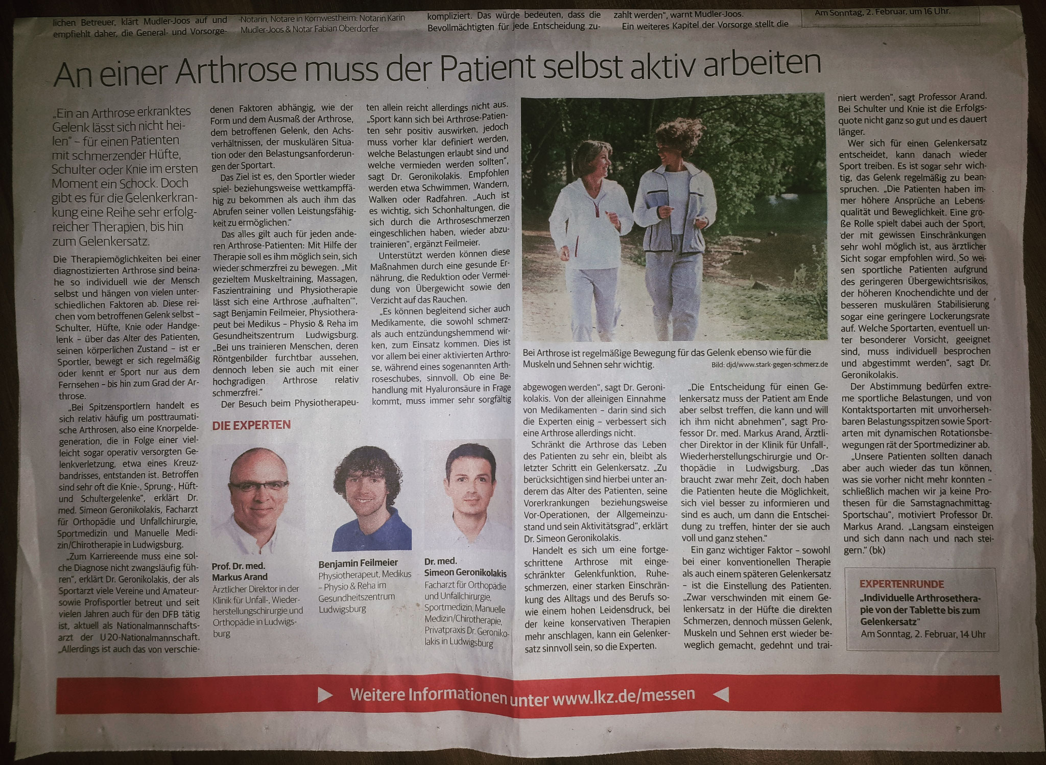 Dr. Geronikolakis in der LKZ zum Thema Arthrose