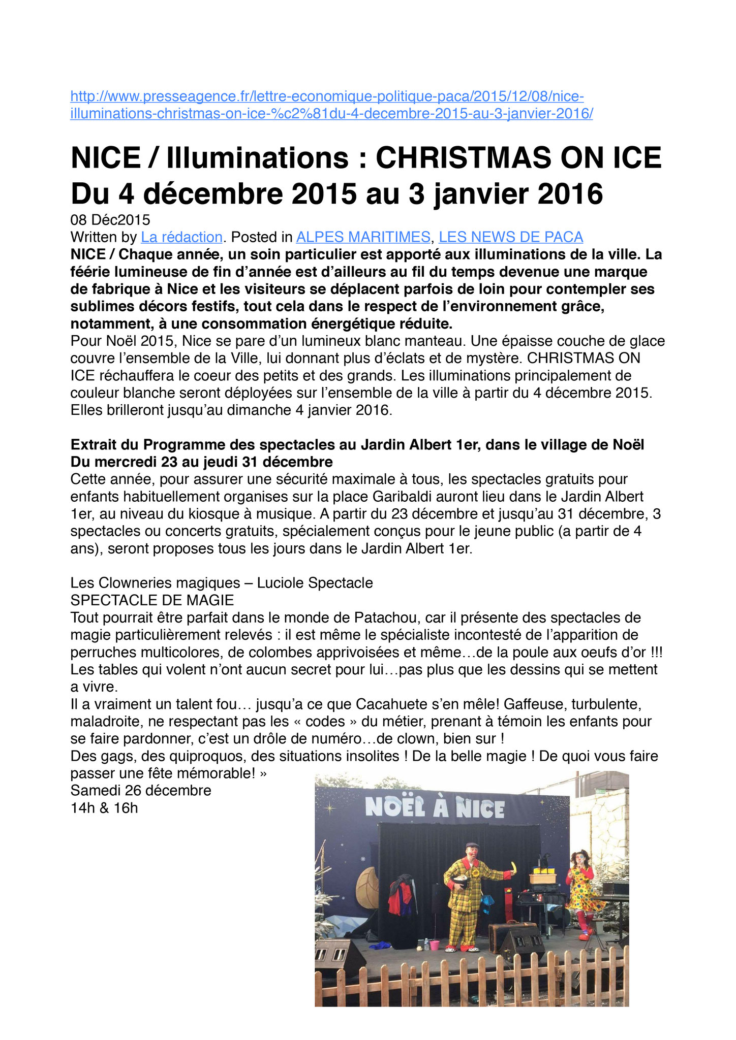 Extrait du site Nice-Ville-Spectacle Les Clowneries Magiques- Marché de Noël 2015 et 2016