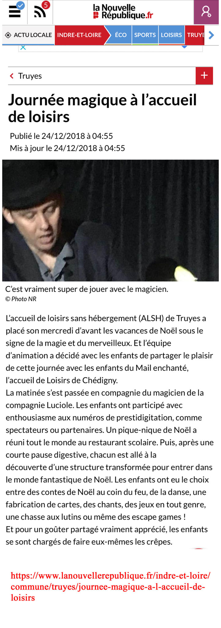 Article Poussière d'étoile- Magicien-La nouvelle République- Décembre 2018