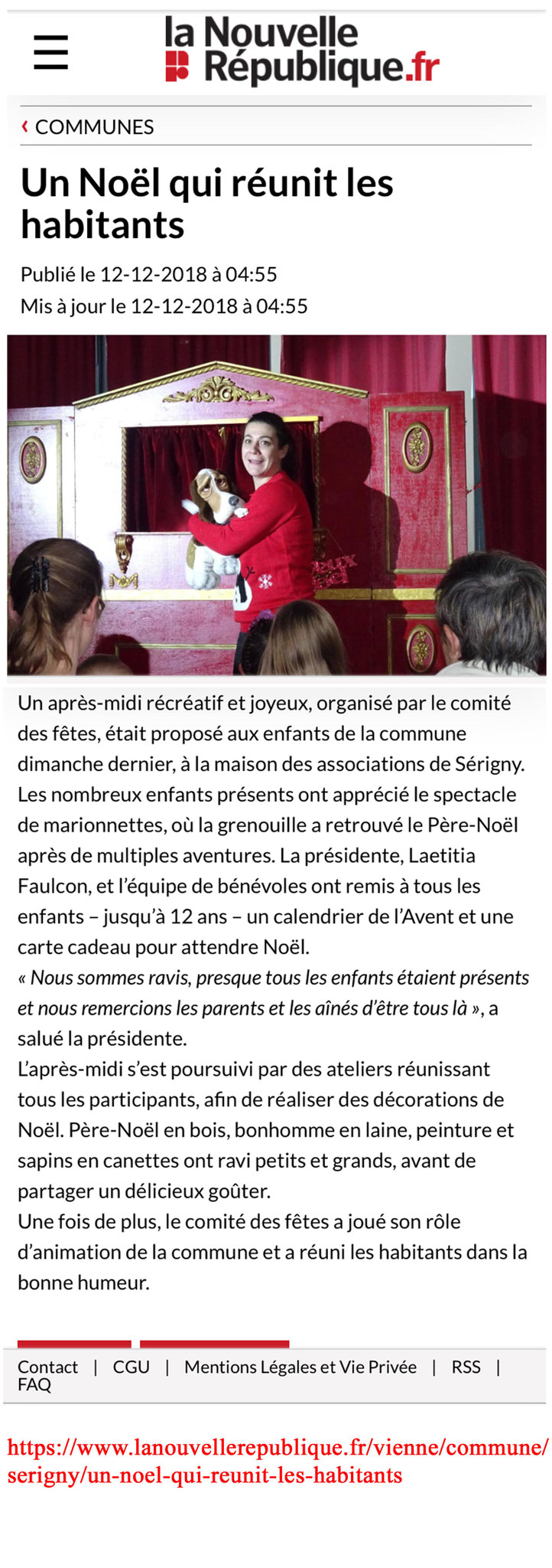 Article La Grenouille à Grande Bouche à la Recherche du Père Noël-Marionnettes-La nouvelle République- Décembre 2018