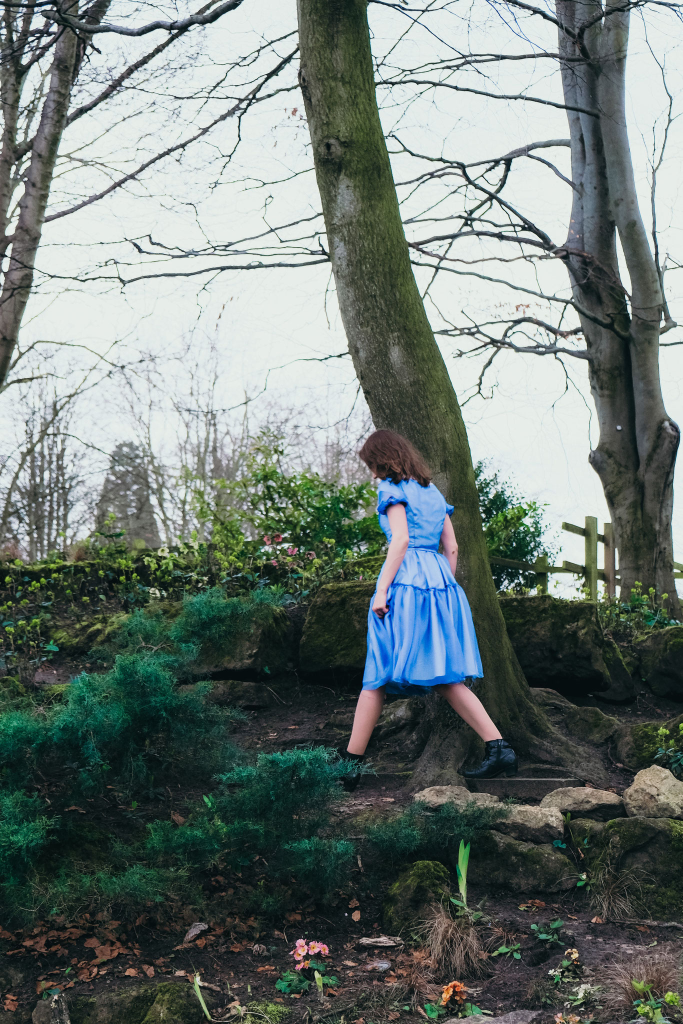 Foto Reproduktion des Alice im Wunderland Kleids aus dem Life Action Film, Fotografiert in Natur