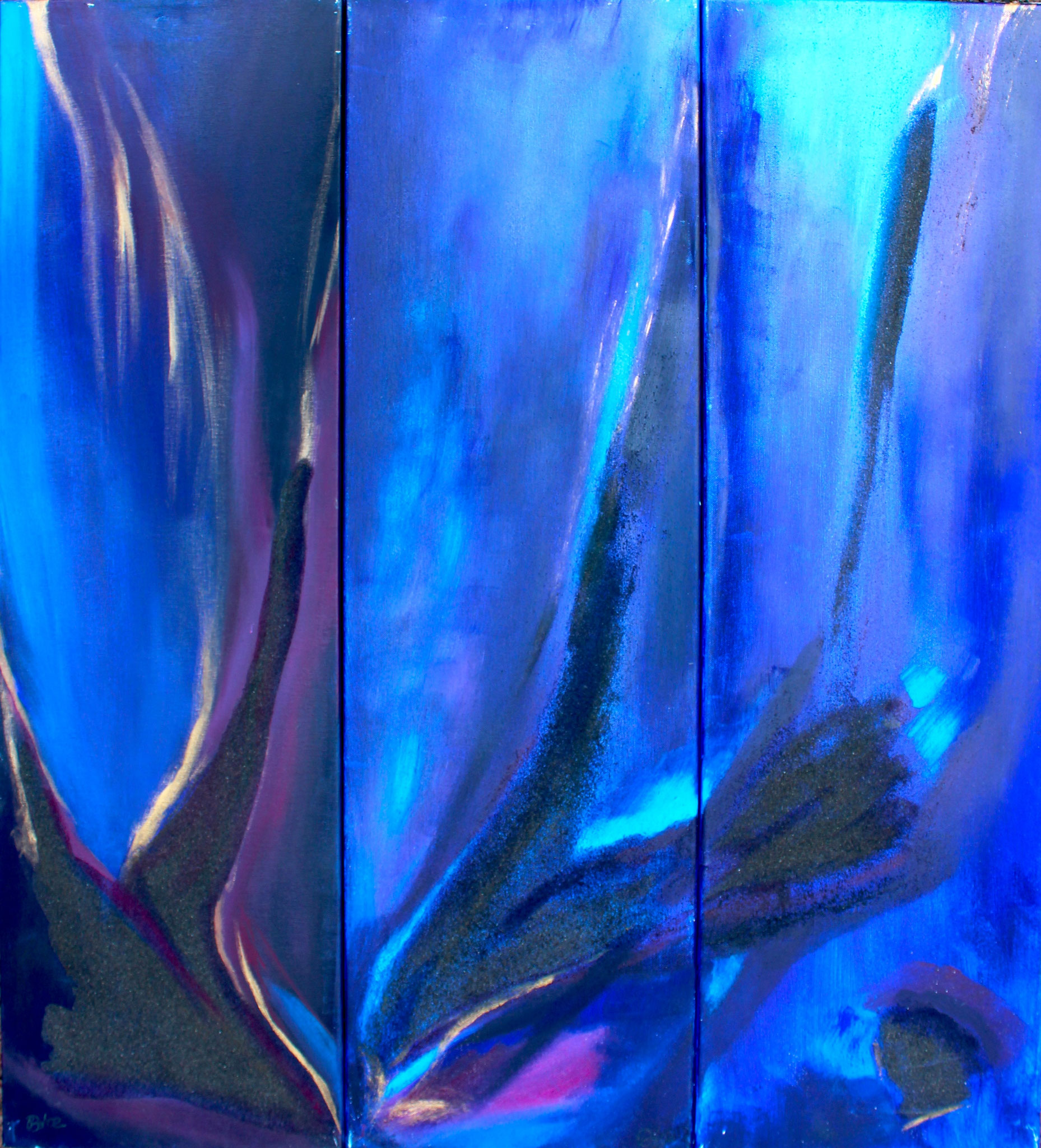 Blaue Lava Triptychon | 3 x 30 x 100 cm | Mischtechnilk mit Vulkansand auf Leinwand | 2001