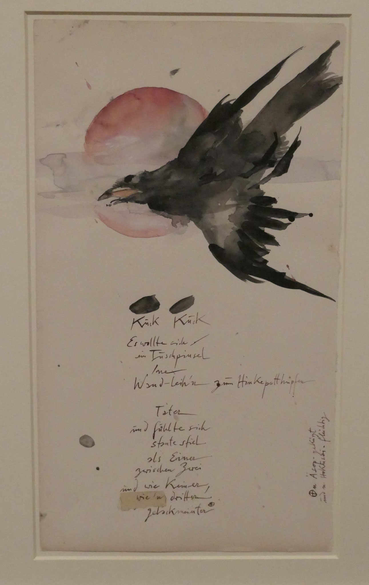 Horst Janssen, "Der Kuckkuck vor dem Mond - nach Hokusai", Aquarell 1976, Sonderausstellung "Lebensklekse-Todeszeichen", Sammlung Scharf-Gerstenberg, Berlin