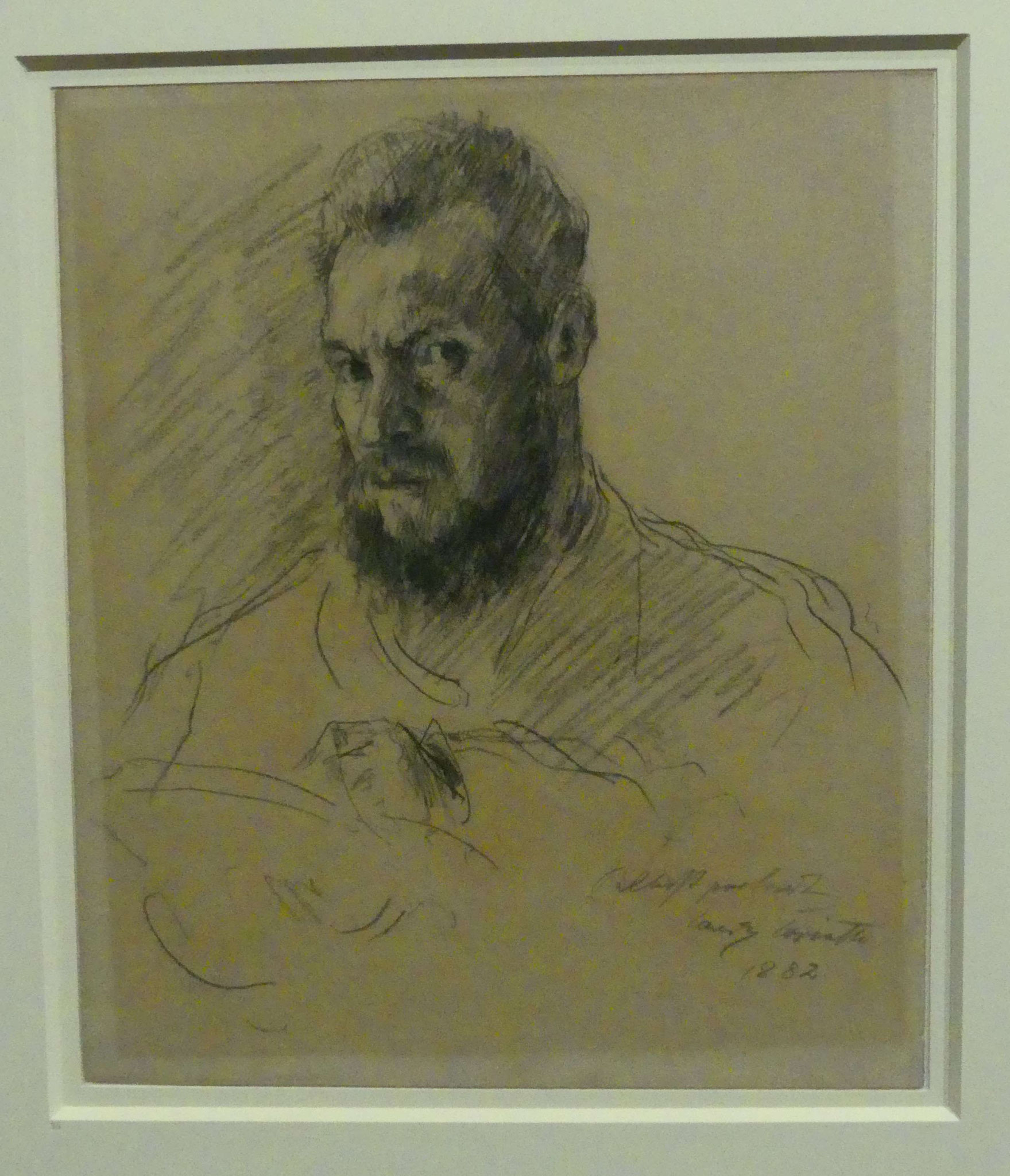 Lovis Corinth, Selbstbildnis mit Vollbart, zeichnend,1882, Lithokreide, Nationalgalerie Berlin