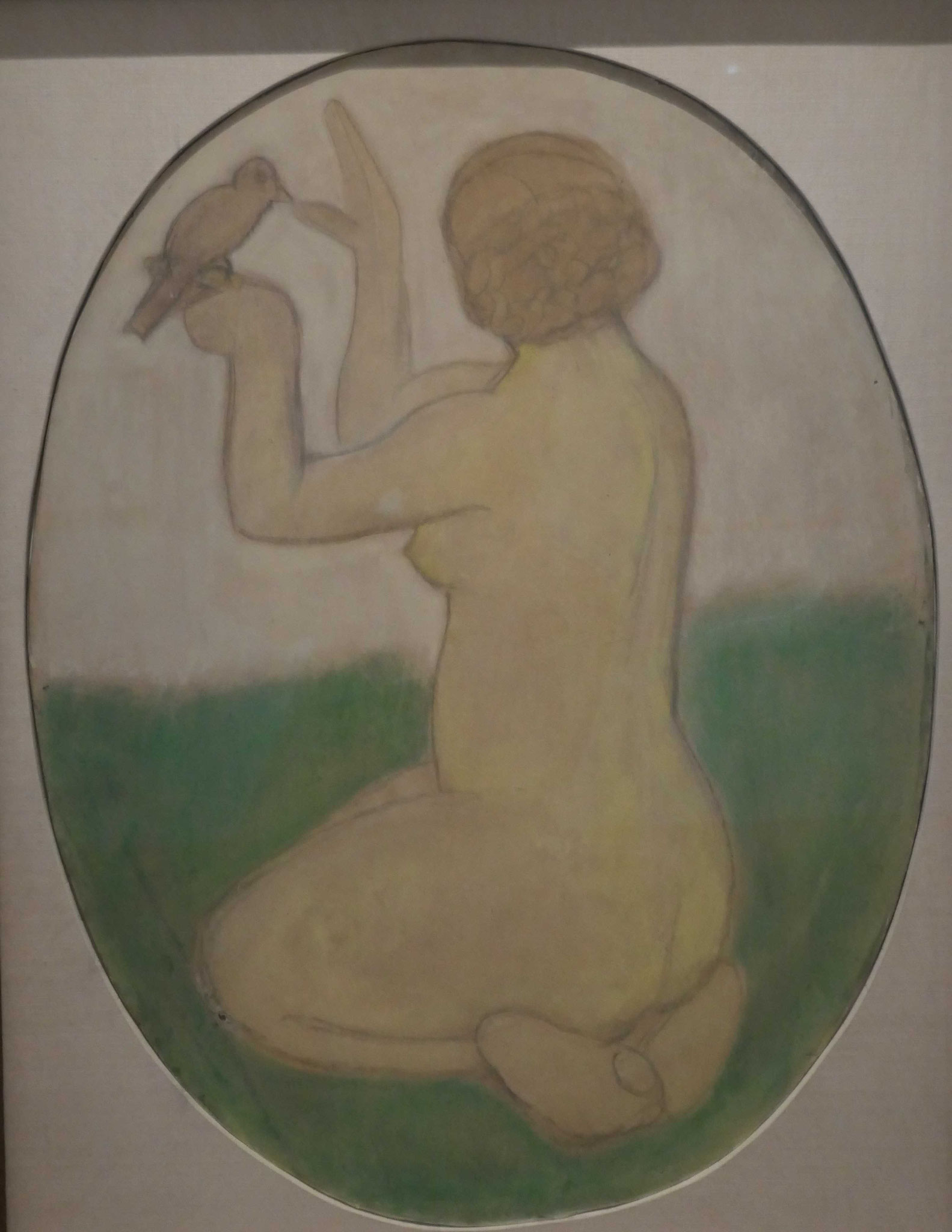 Paula Modersohn-Becker, Knieender weiblicher Akt mit Vogel auf der linken Hand, Pastell auf Papier auf Pappe, 1907Museum Barkenhoff, Worpswede