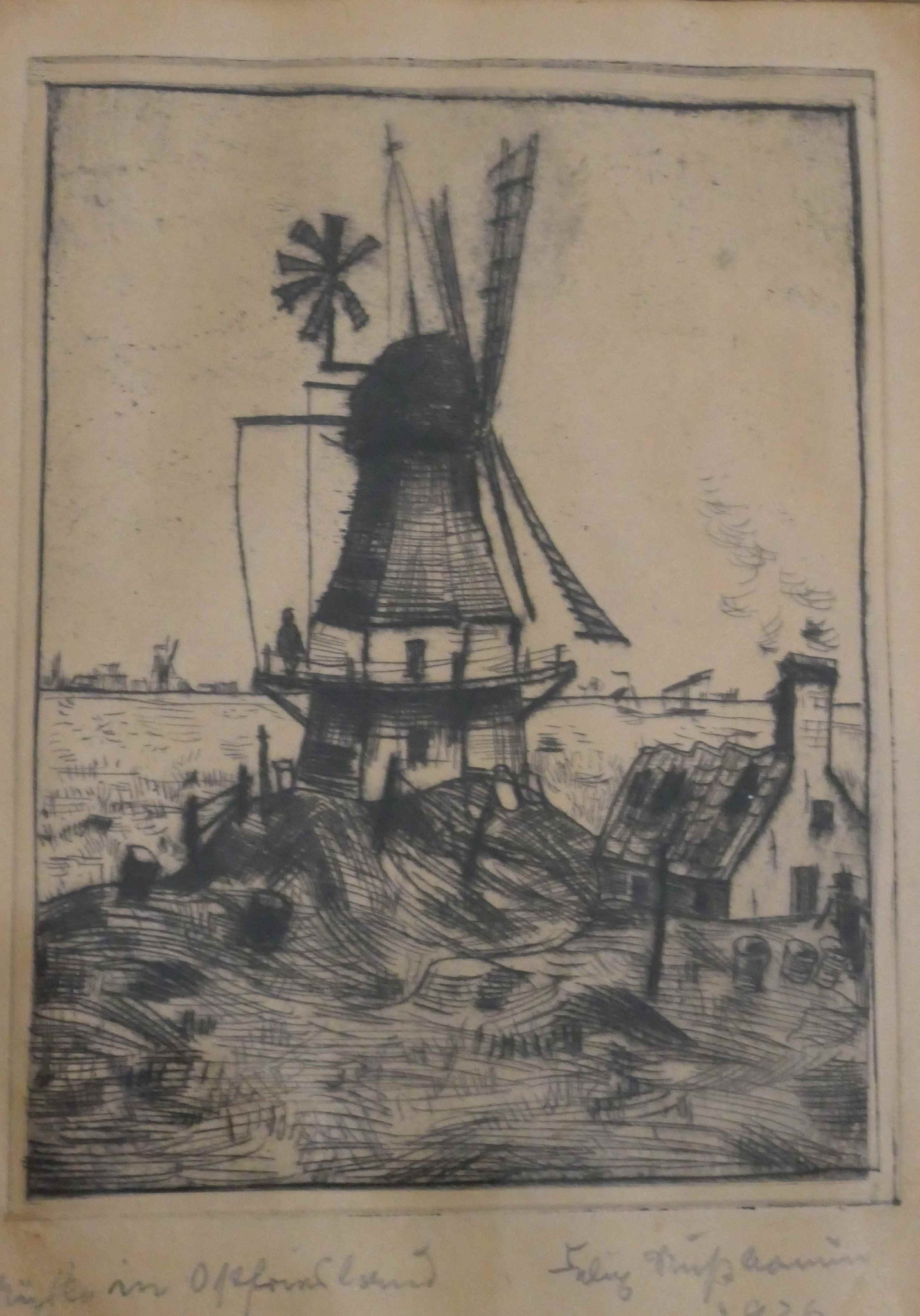 Heinrich Vogeler, Mühle in Ostfriesland,Radierung,1926, Sammlung im Barkenhoff, Worpswede