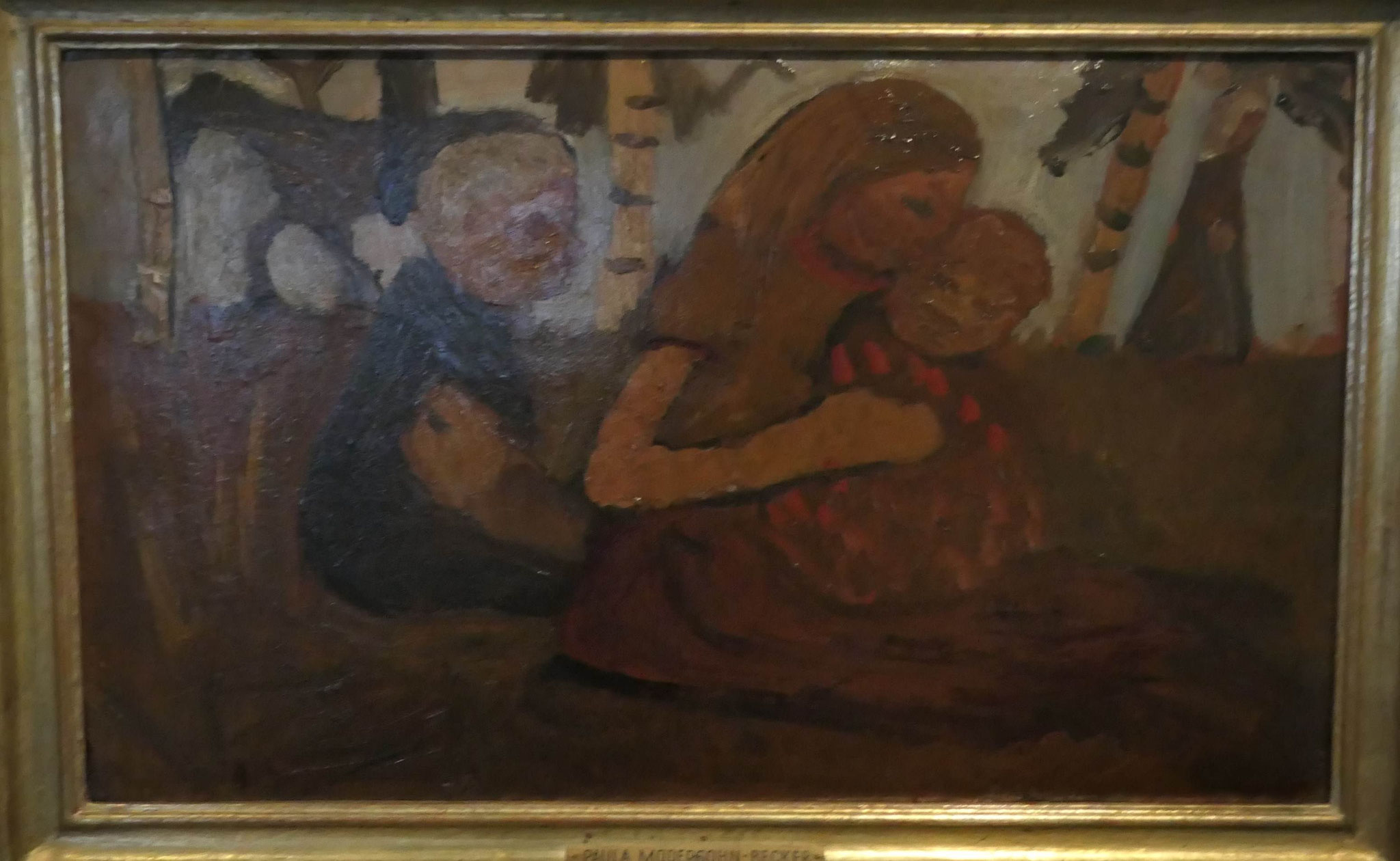 Paula Modersohn-Becker, Drei sitzende Kinder ,hinten ein Reiter, Öl auf Pappe, um 1905,, Museum Barkenhoff, Worpswede