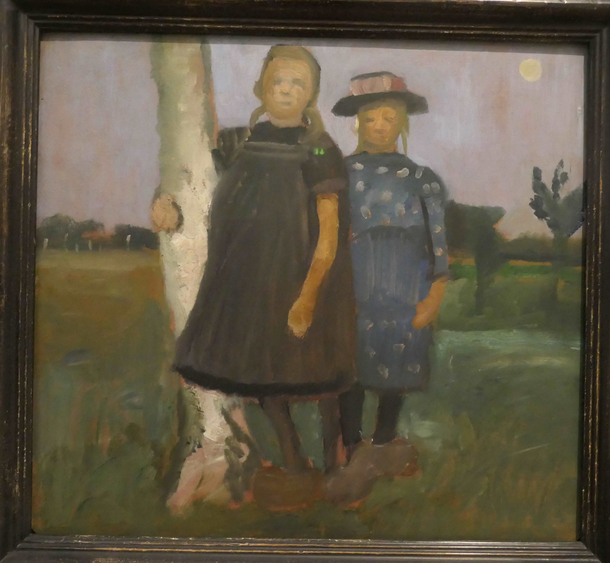 Paula Modersohn-Becker, Zwei Mädchen an einem Birkenstamm stehend, Öltempera auf Pappe,1903,  Modersohn-Becker Museum, Bremen