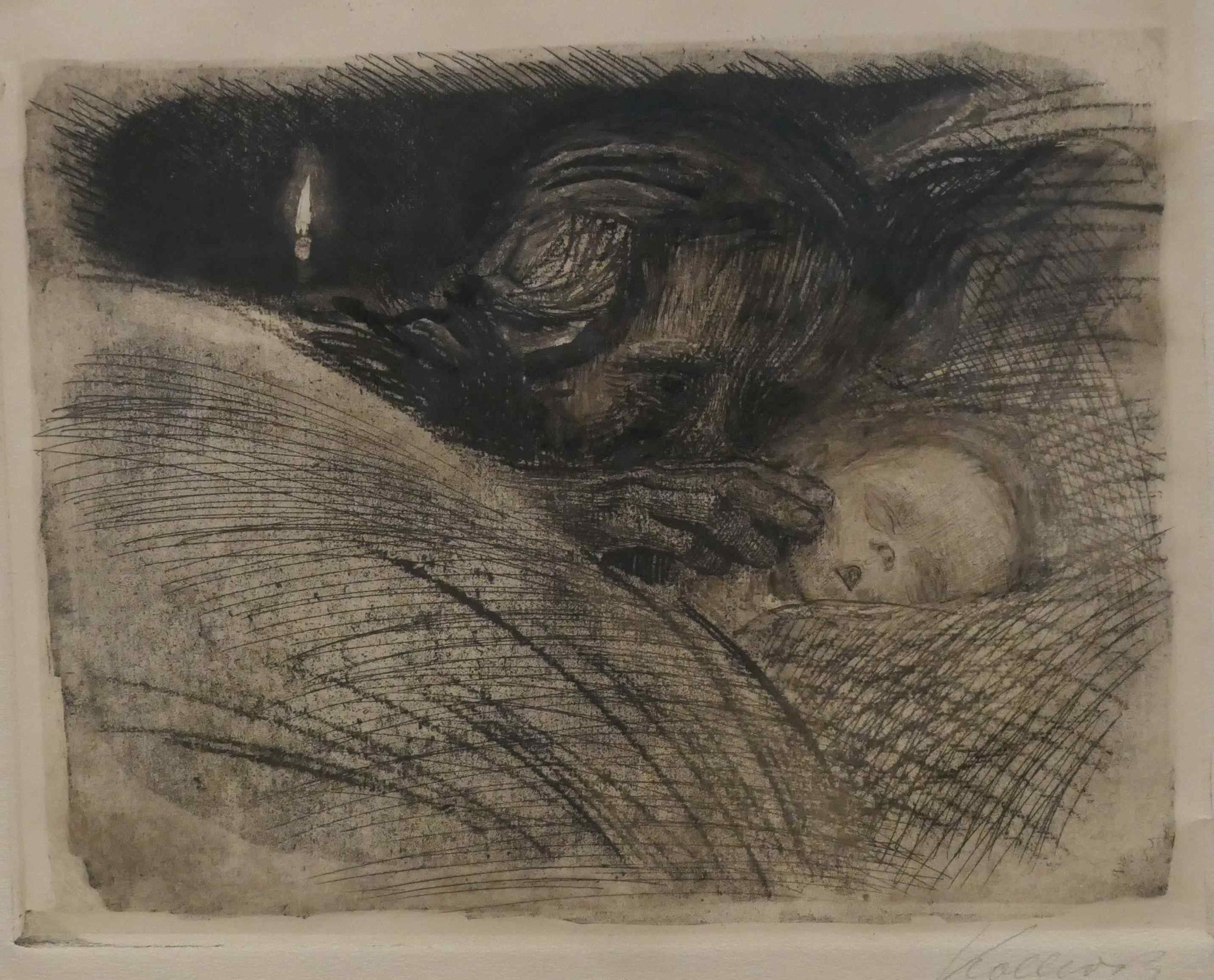 Käthe Kollwitz, Mutter am Bett des toten Kindes, Radierung mit schwarzer Tusche überarbeitet, 1911, Käthe-Kollwitz-Museum, Berlin