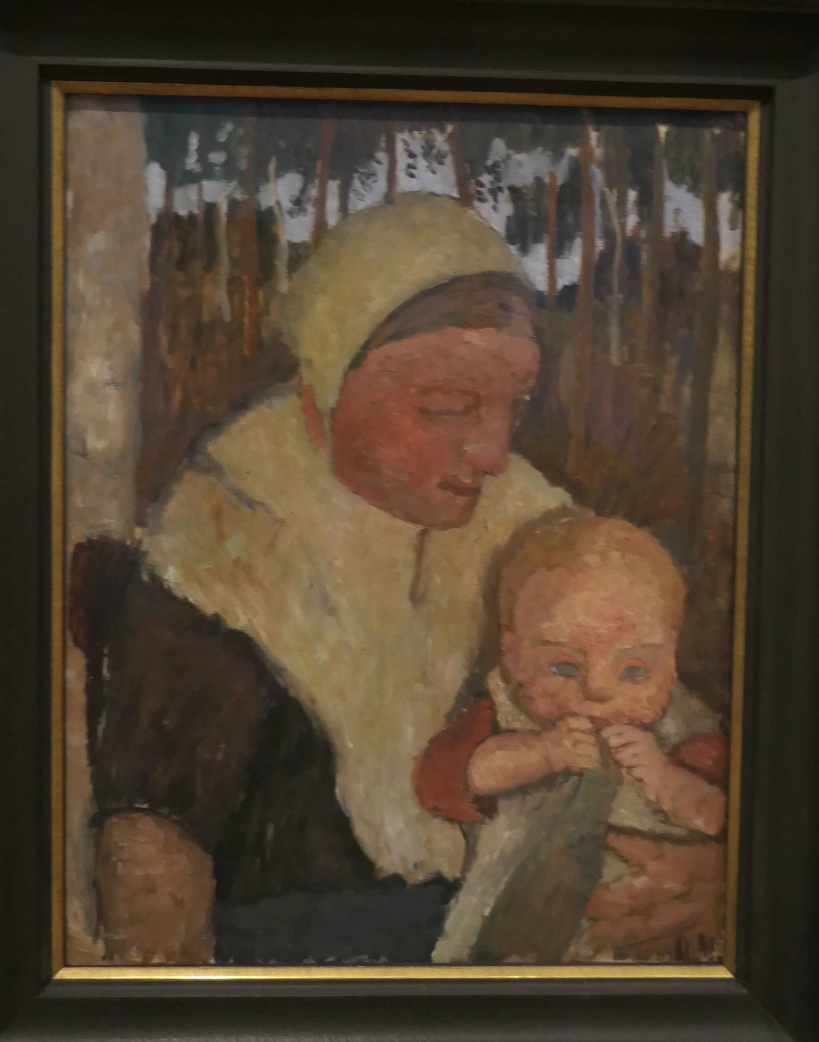 Paula Modersohn-Becker, Sitzende Bäuerin mit Kind vor Birken, Öltempera auf Pappe, 1903,, Modersohn-Becker Museum, Bremen