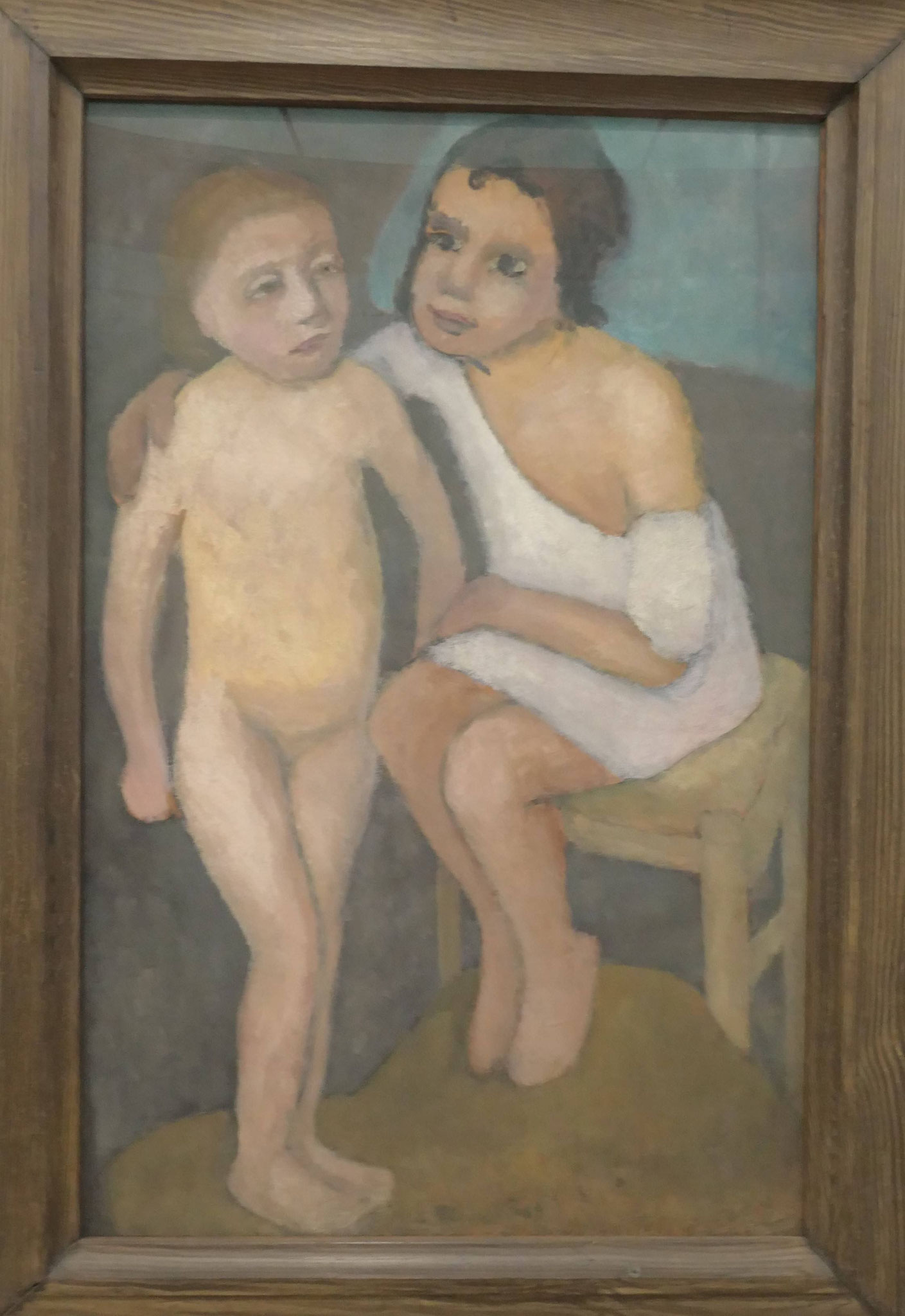 Paula Modersohn-Becker, Sitzendes Mädchen in weißem Hemde und stehender Mädchenakt, Öltempera auf Pappe, 1906,  Modersohn-Becker Museum, Bremen