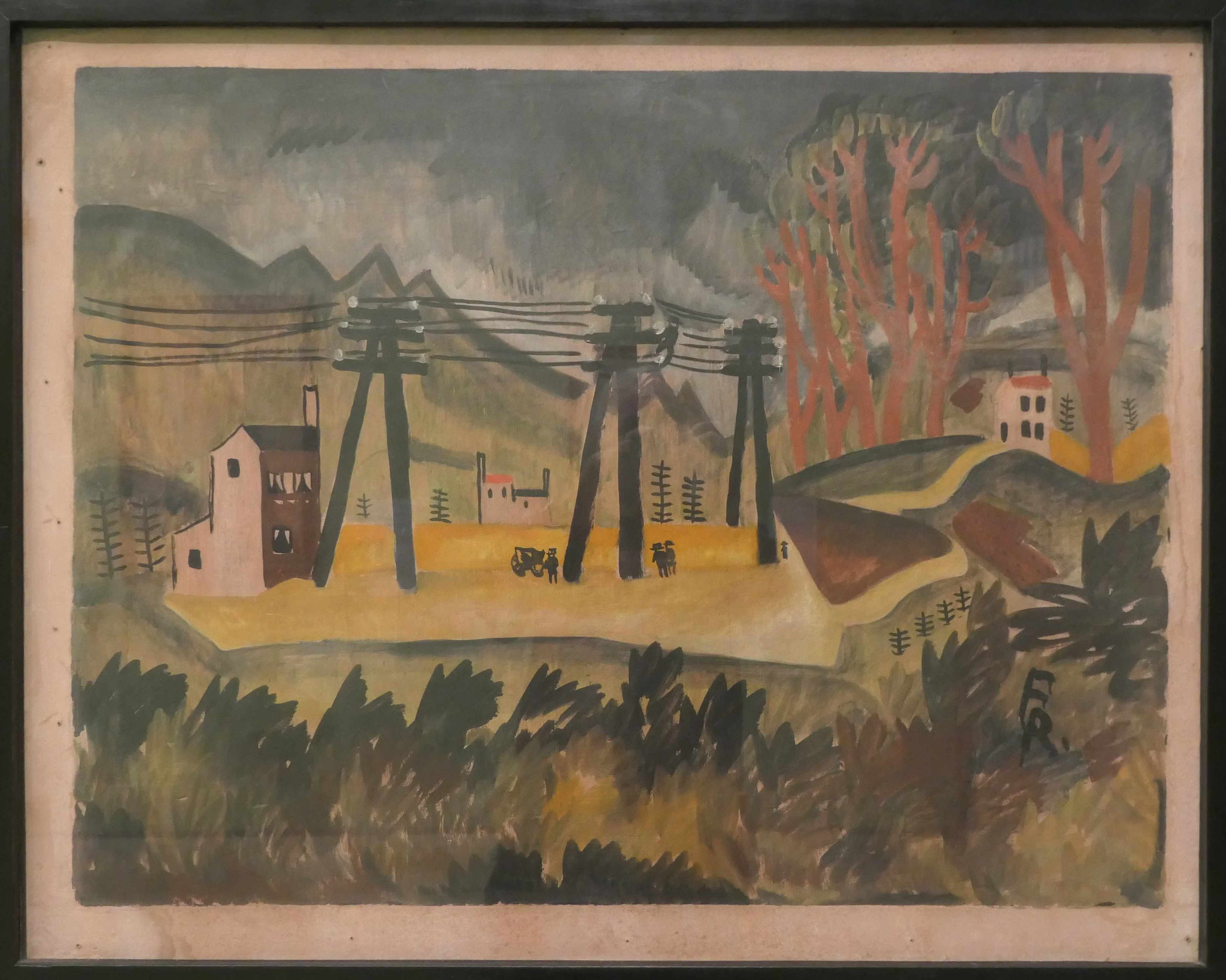 Franz Radziwill,Landschaft mit Telegrafenarbeitern, Öl auf Pappe. 1919, Kunsthalle Bremen