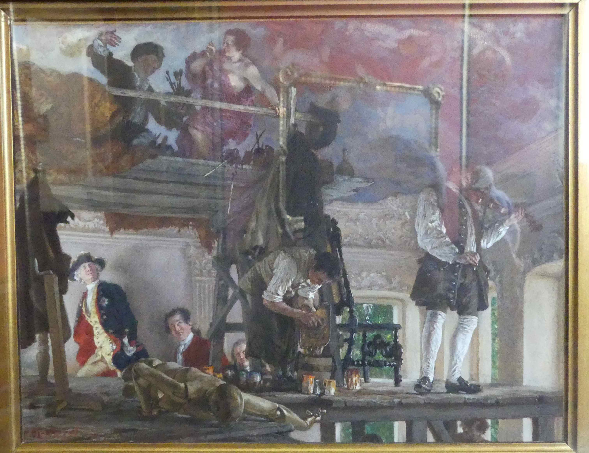 Adolf von Menzel: Kronprinz Friedrich besucht den Maler Pesne auf dem Malgerüst in Rheinsberg, 1861, Öl auf Leinwand, Nationalgalerie Berlin 