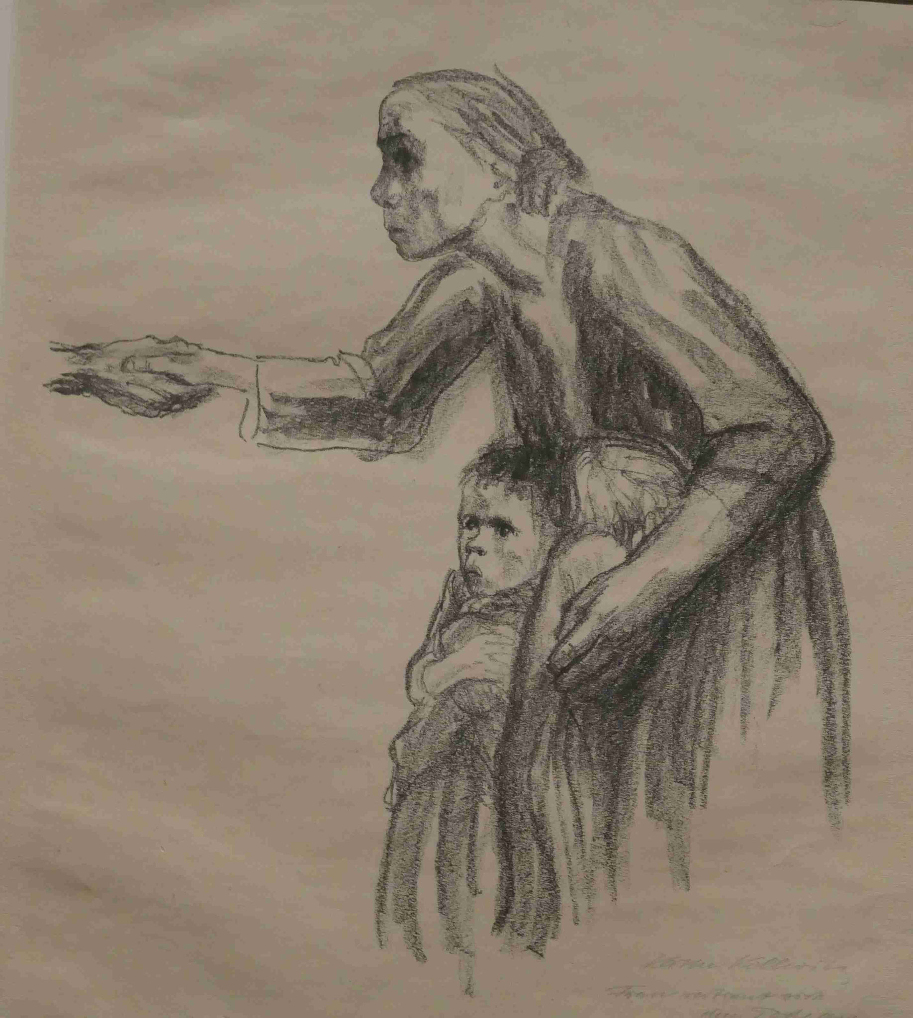 Käthe Kollwitz, Frau vertraut sich dem Tod an, Kohlezeichnung, 1934-37, Munch Museum, Oslo