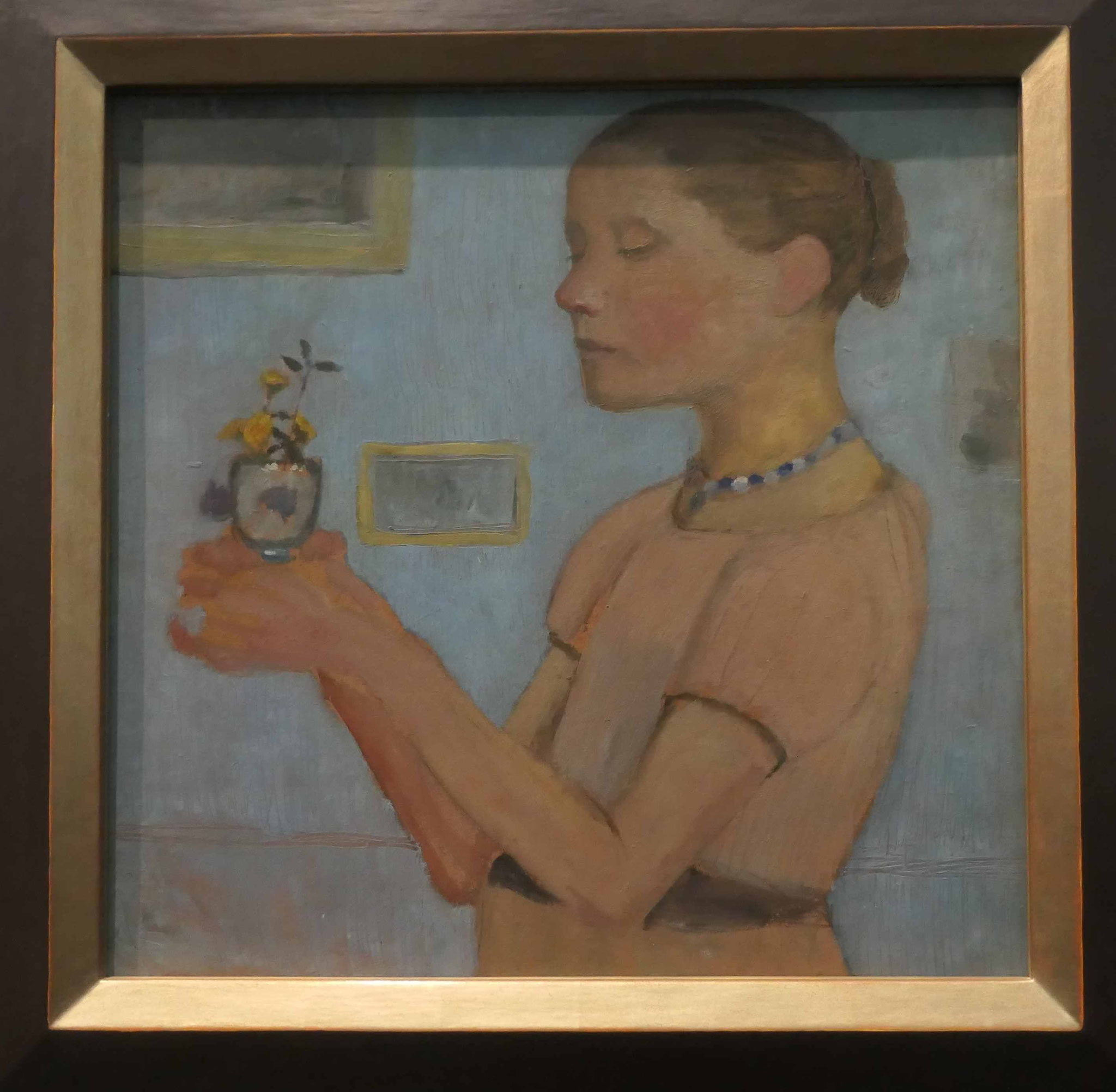 Paula Modersohn-Becker,  Junges Mädchen mit gelben Blumen im Glas, Öl auf Pappe auf Holz, 1902,Modersohn-Becker Museum, Bremen