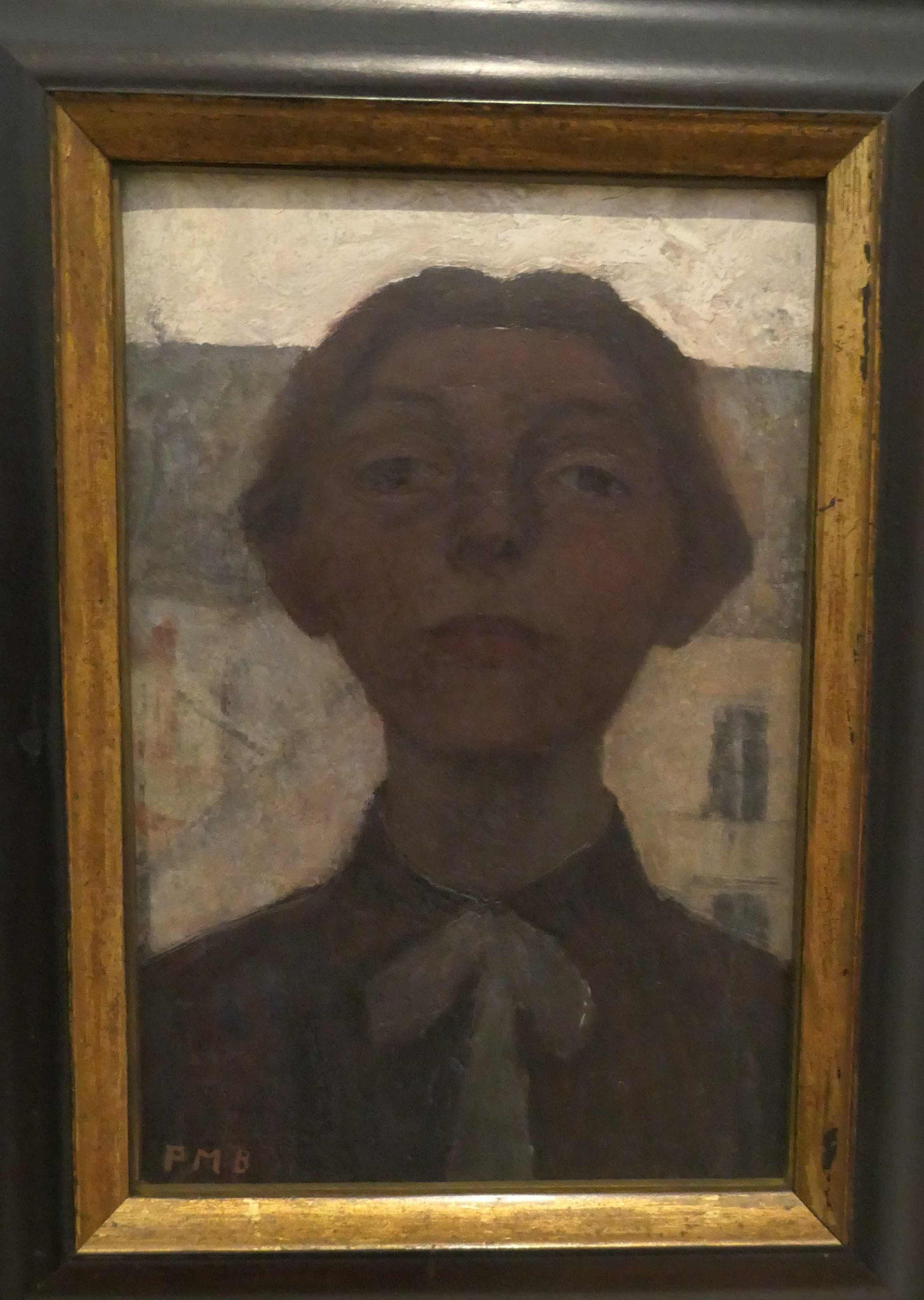 Paula Modersohn-Becker,  Selbstbildnis vor Fensterausblick auf Pariser Häuser, Öltempea auf Papier auf Pappe, 1900,Modersohn-Becker Museum, Bremen