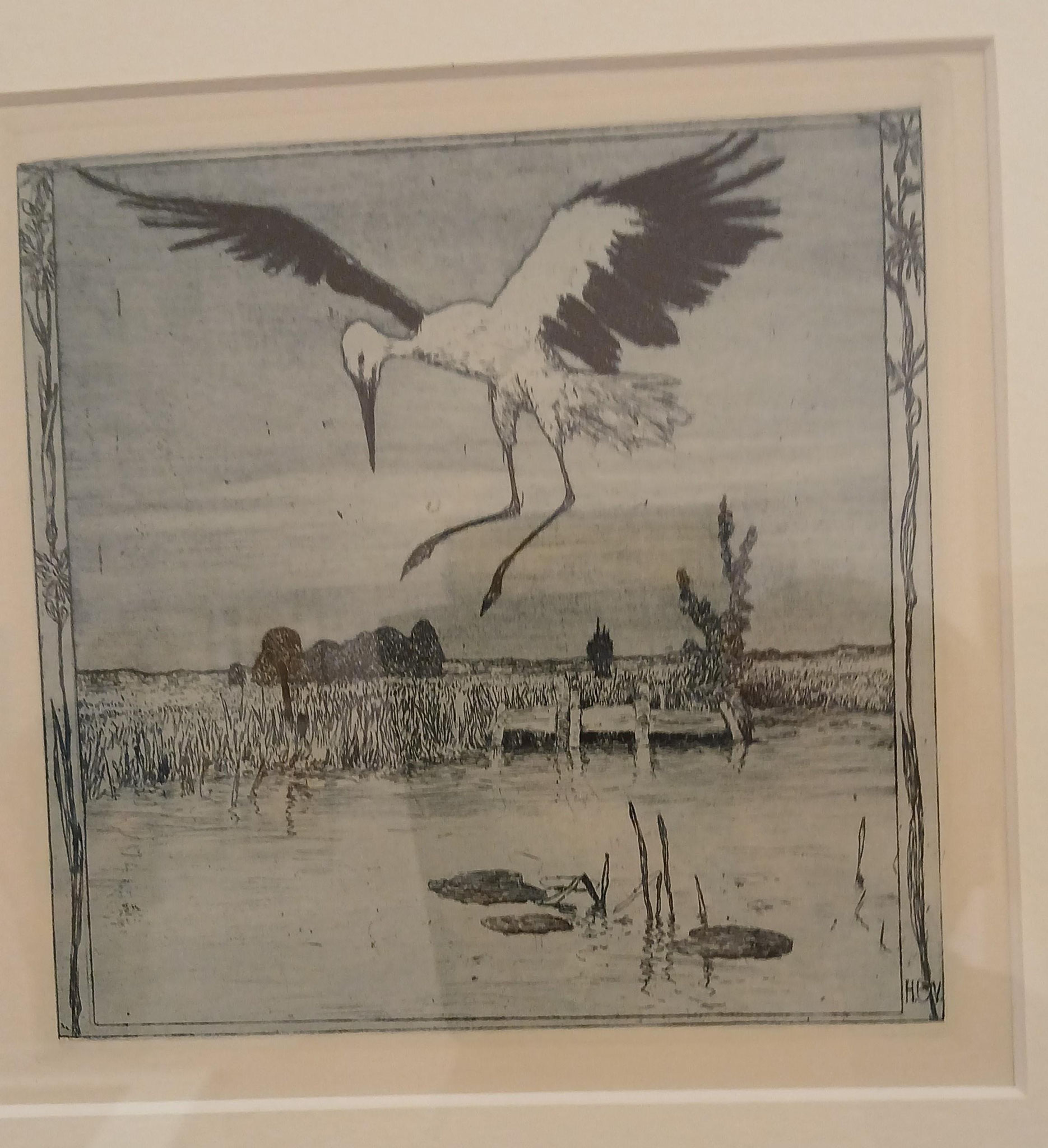 Heinrich Vogeler, Storch überm Weiher, Radierung, 1899, Sammlung im Barkenhoff, Worpswede