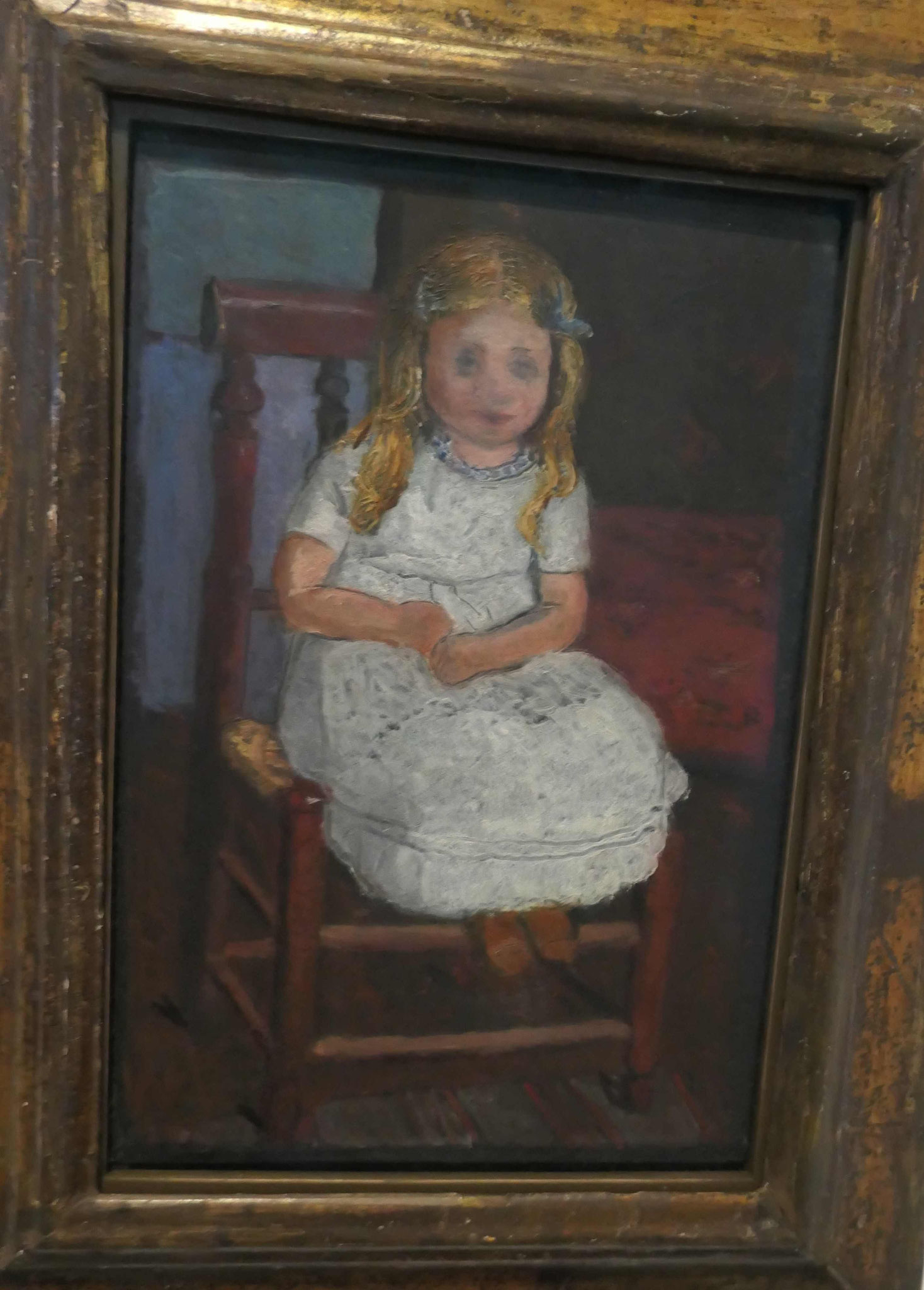 Paula Modersohn-Becker, Elsbeth auf einem Bauernstuhl sitzend, Öl auf Schiefer auf Leinwand, um 1900,Museum Barkenhoff, Worpswede