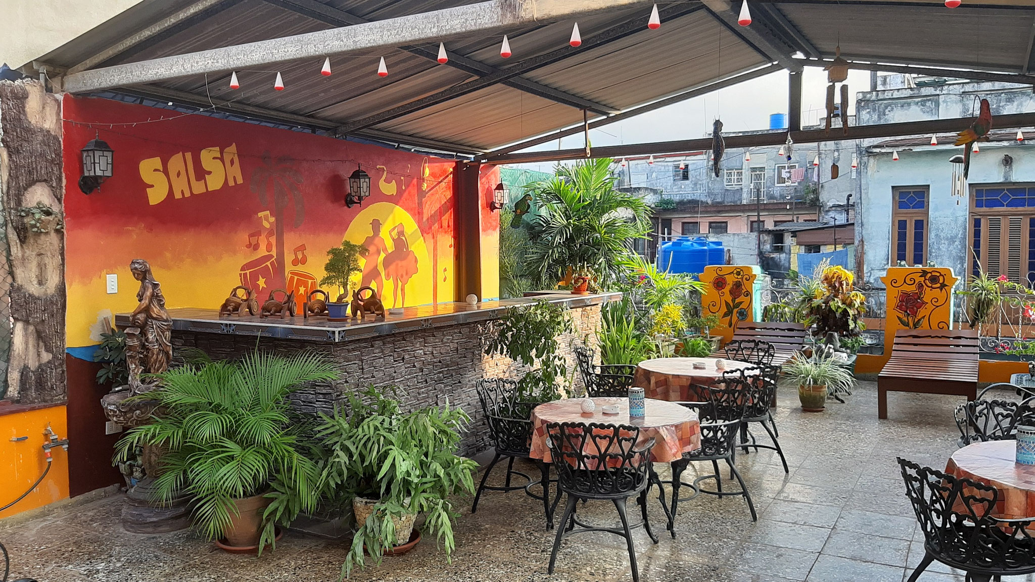 Terrace of Casa Sol y Salsa with view to bar