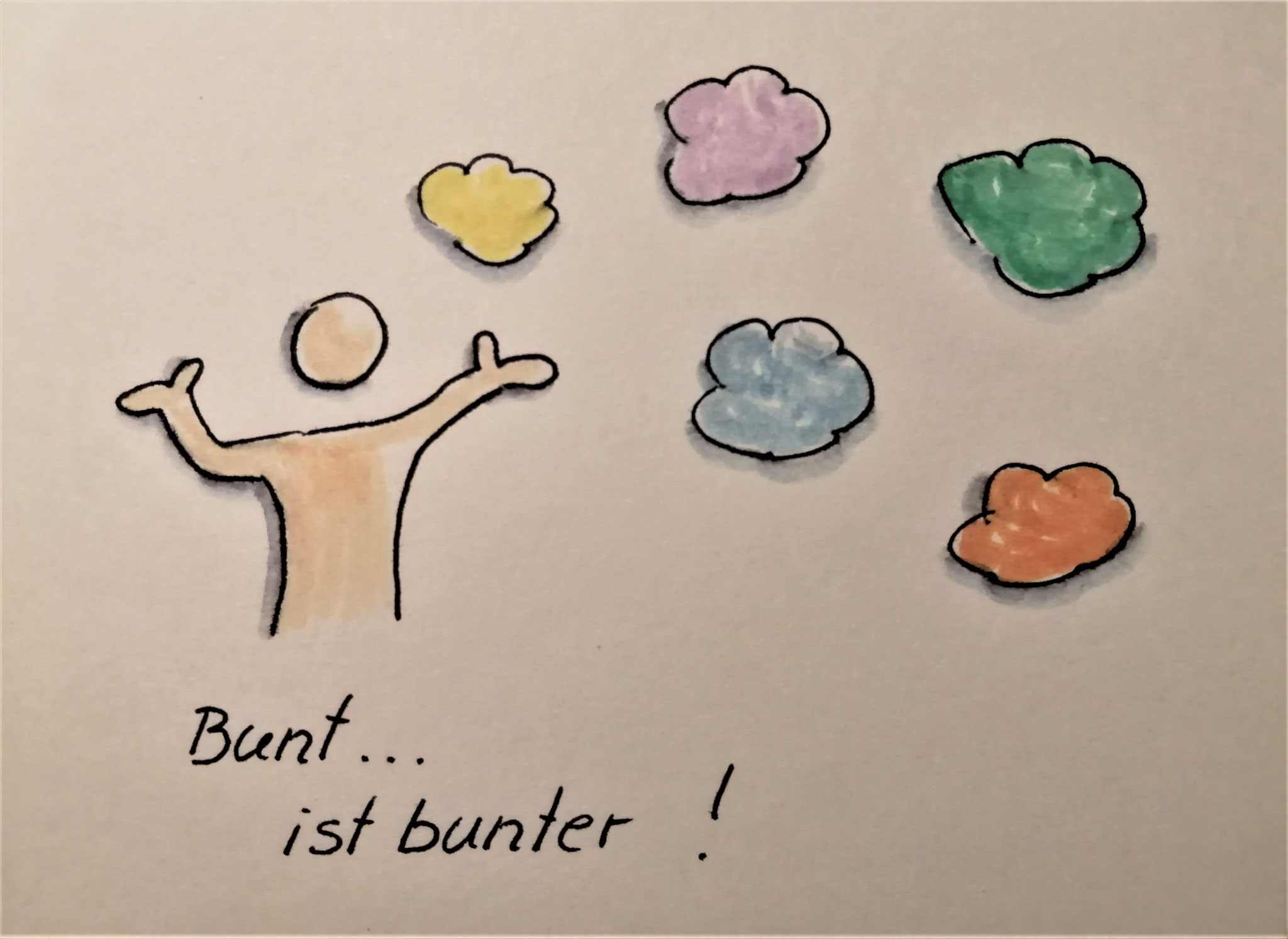 Illustration einer abstrahierten Person mit ausgebreiteten Armen; mehrere farbige Wolken schweben um sie herum. Sichtbarer Text: ‚Bunt … ist bunter!