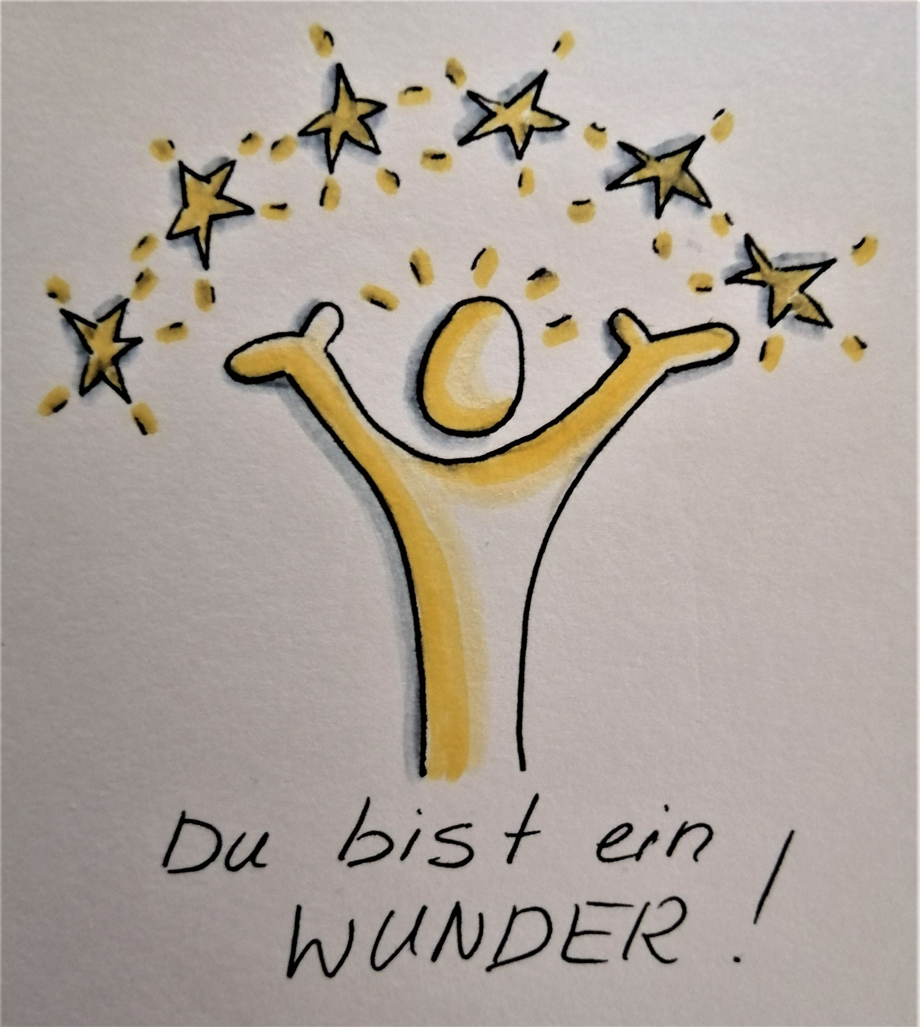 Illustration einer abstrahierten Figur mit erhobenen Armen und Sternen über dem Kopf; darunter der Text ‚Du bist ein Wunder!‘.