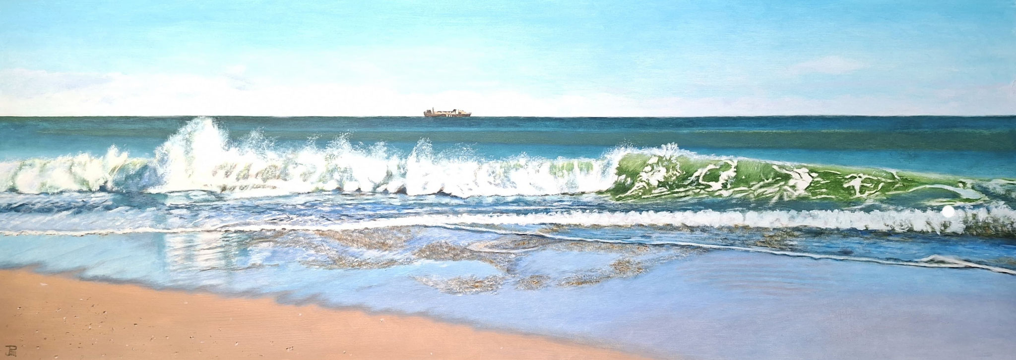 Ola rompiendo en la playa de El Saler un día de invierno con fuerte viento de poniente; espuma volando mar adentro bajo una luz mediterránea intensa y cielo despejado.