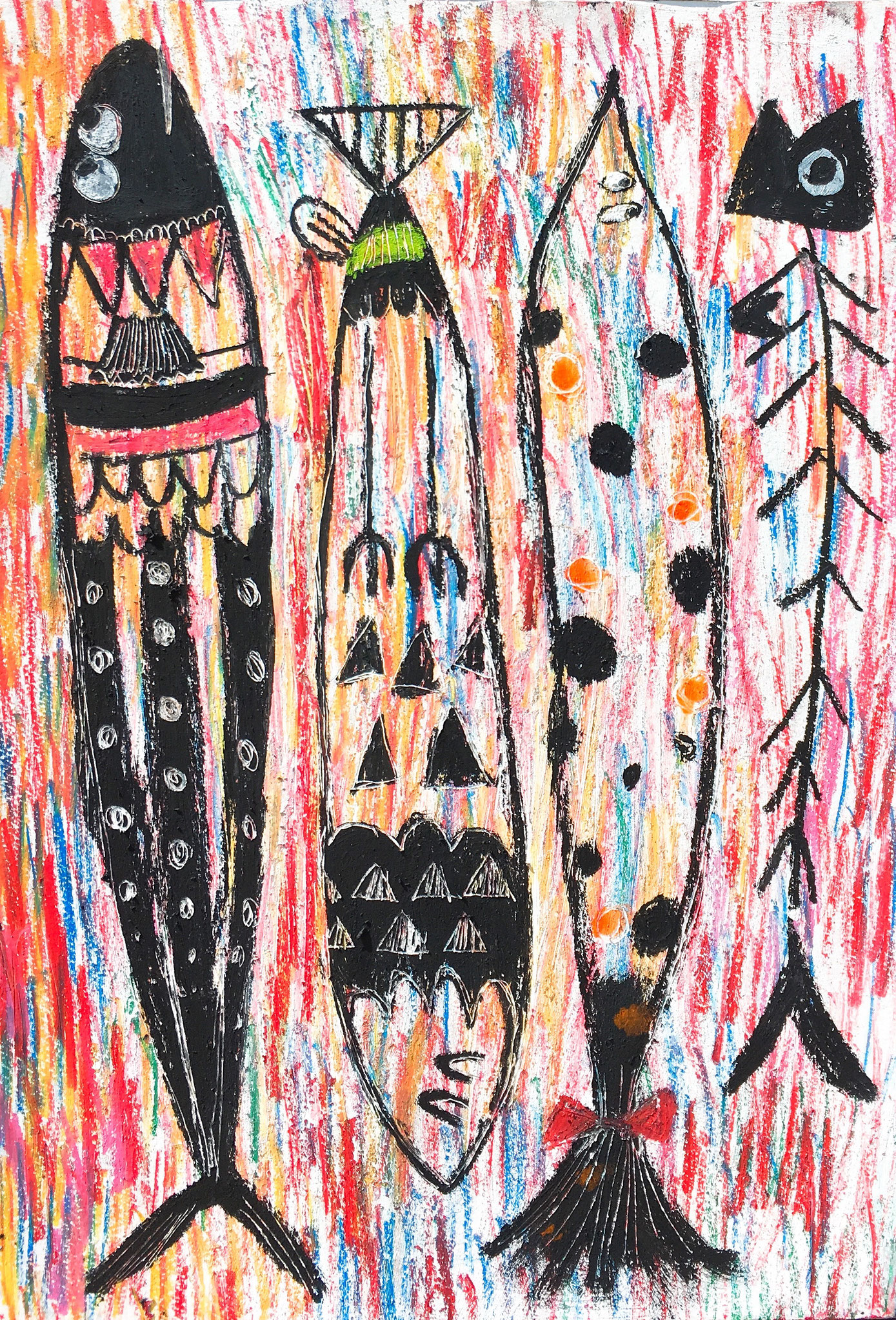 「４匹の群れ」2018年、アクリル・オイルパステル、B3（515×364mm）