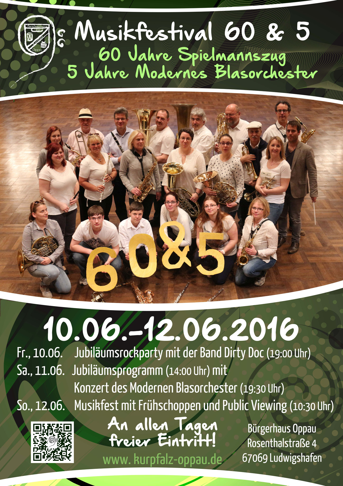 Plakat Musikfestival 60 und 5; 60 Jahre Spielmannszug Kurpfalz 5 Jahre Modernes Blasorchester MBO