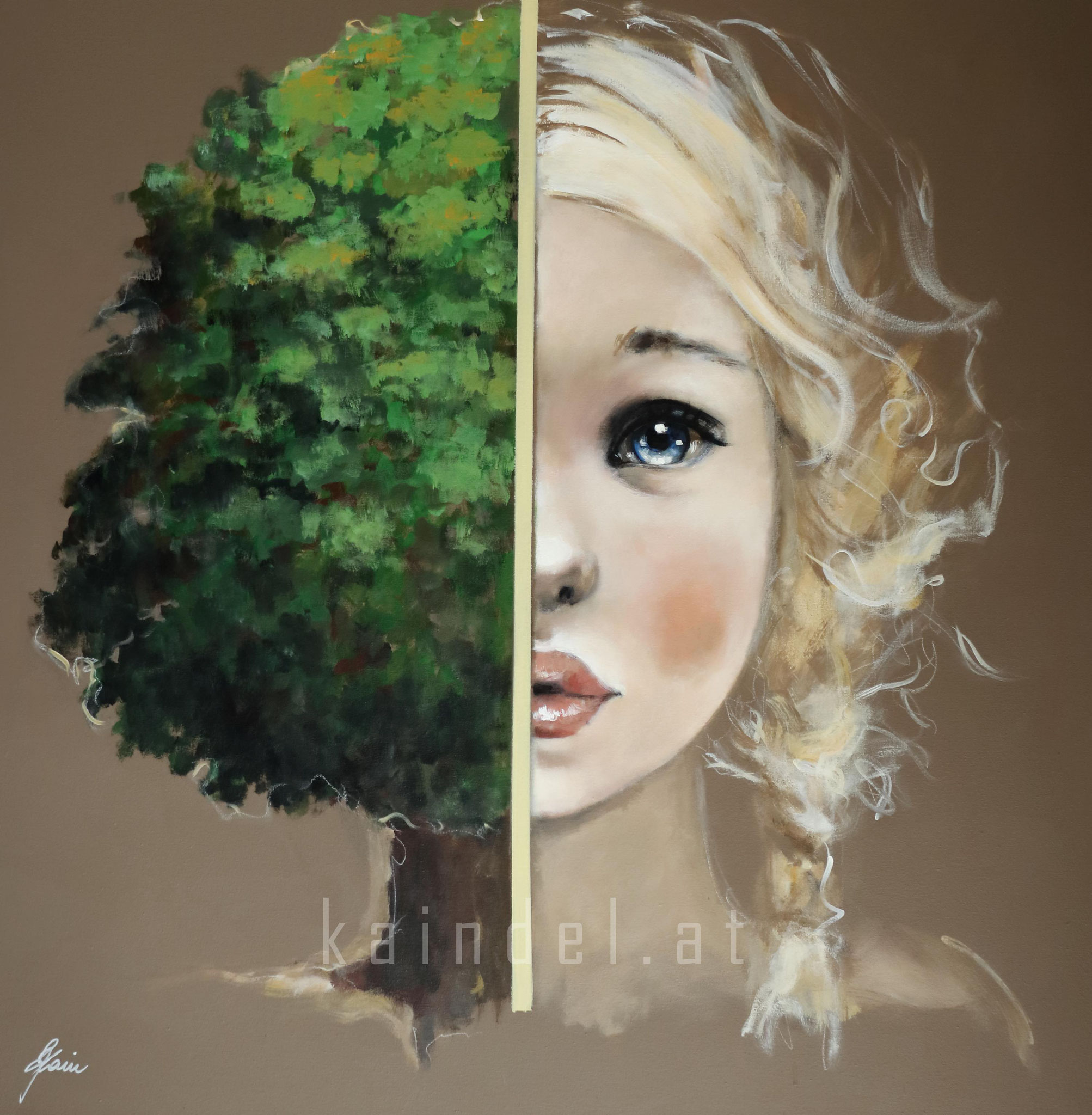 GIRL AND TREE 110 x 110 cm, Acrylic and pencils on canvas