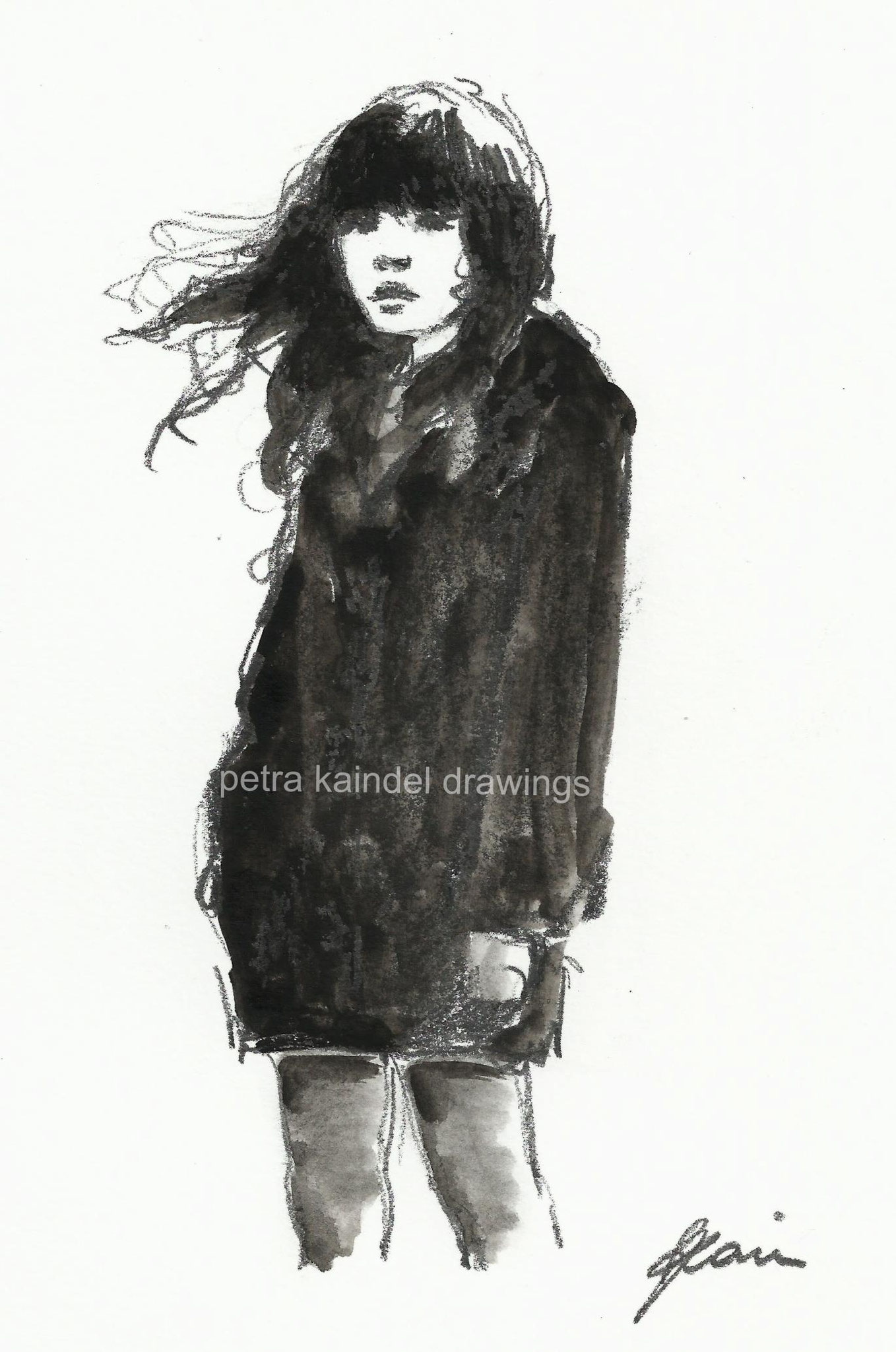"Black coat", small size, monolith and water colors on paper