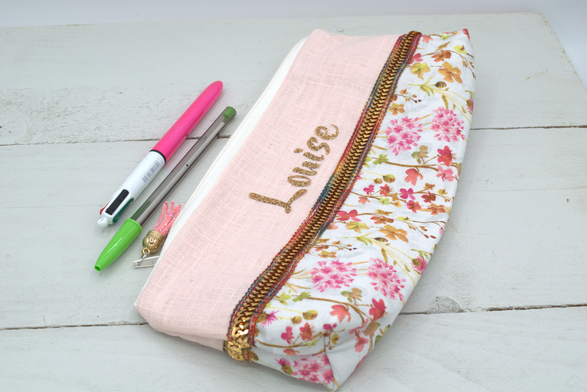 Trousse école fleurs & lin rose poudré à personnaliser avec prénom fille