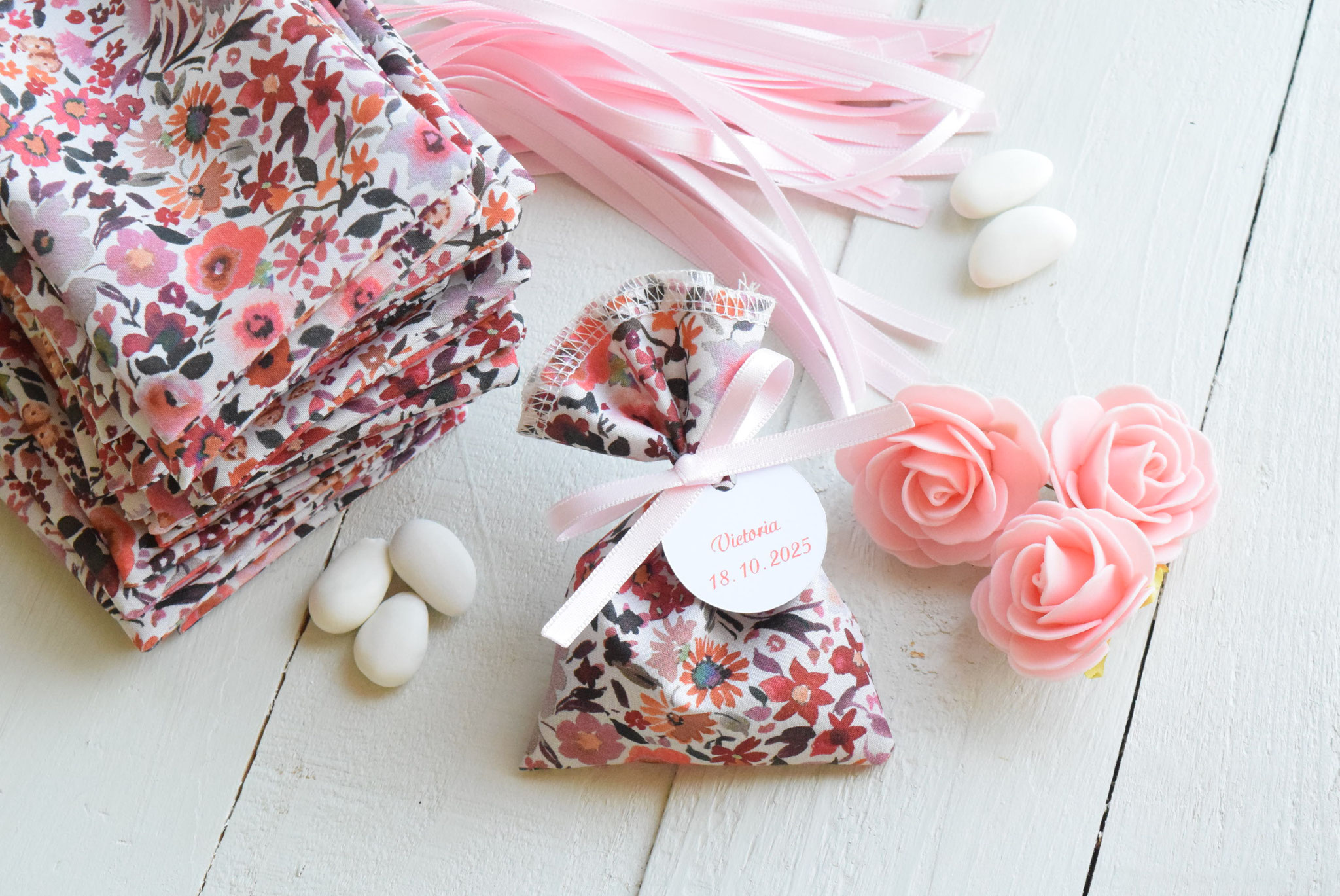 Lot de 30 sachets pour dragées tissu liberty fleuri terracota automne