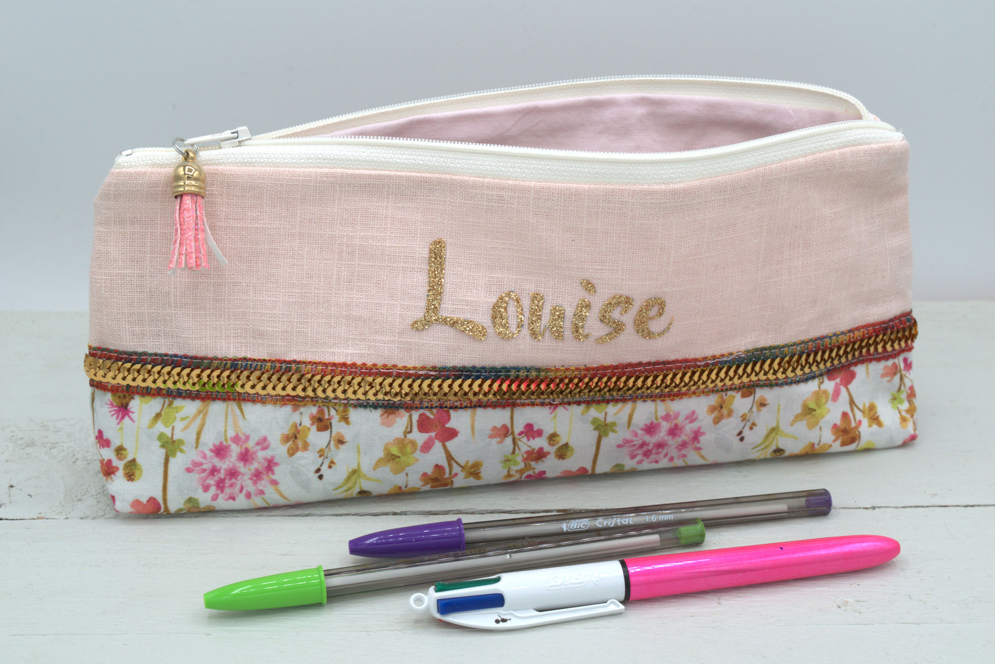 Trousse école fleurs & lin rose poudré à personnaliser avec prénom fille