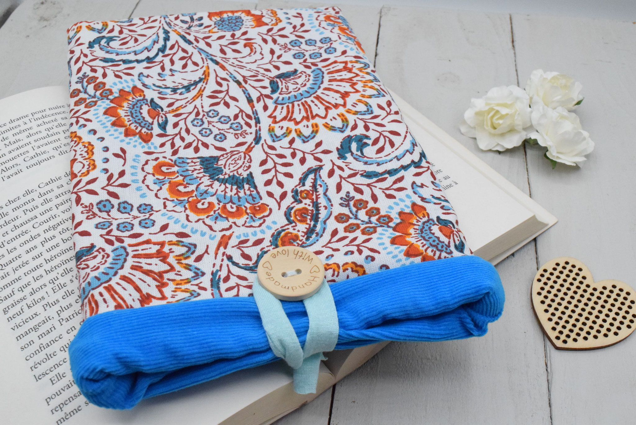 Housse livre de poche tissu indien bleu et orange