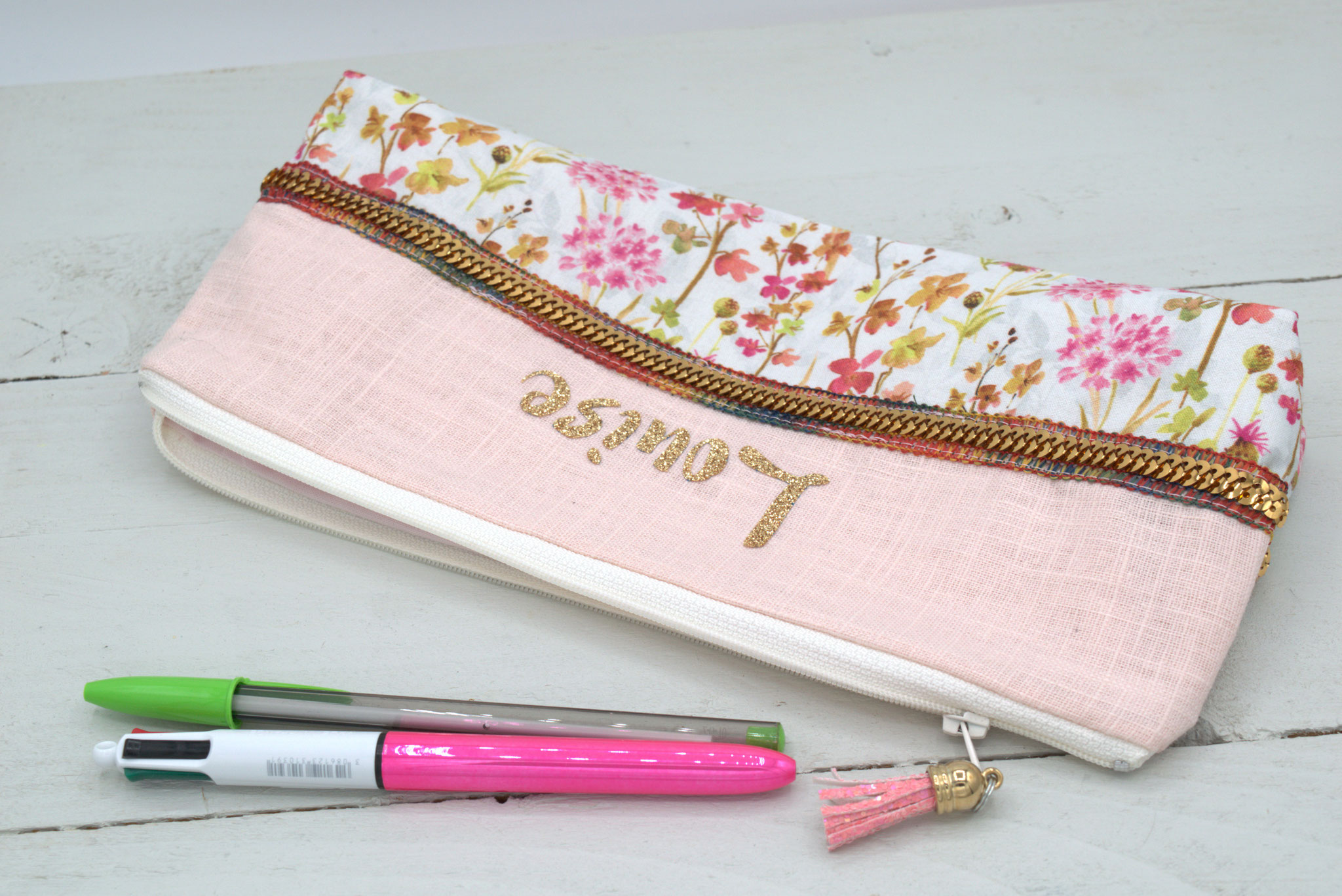 Trousse école fleurs & lin rose poudré à personnaliser avec prénom fille