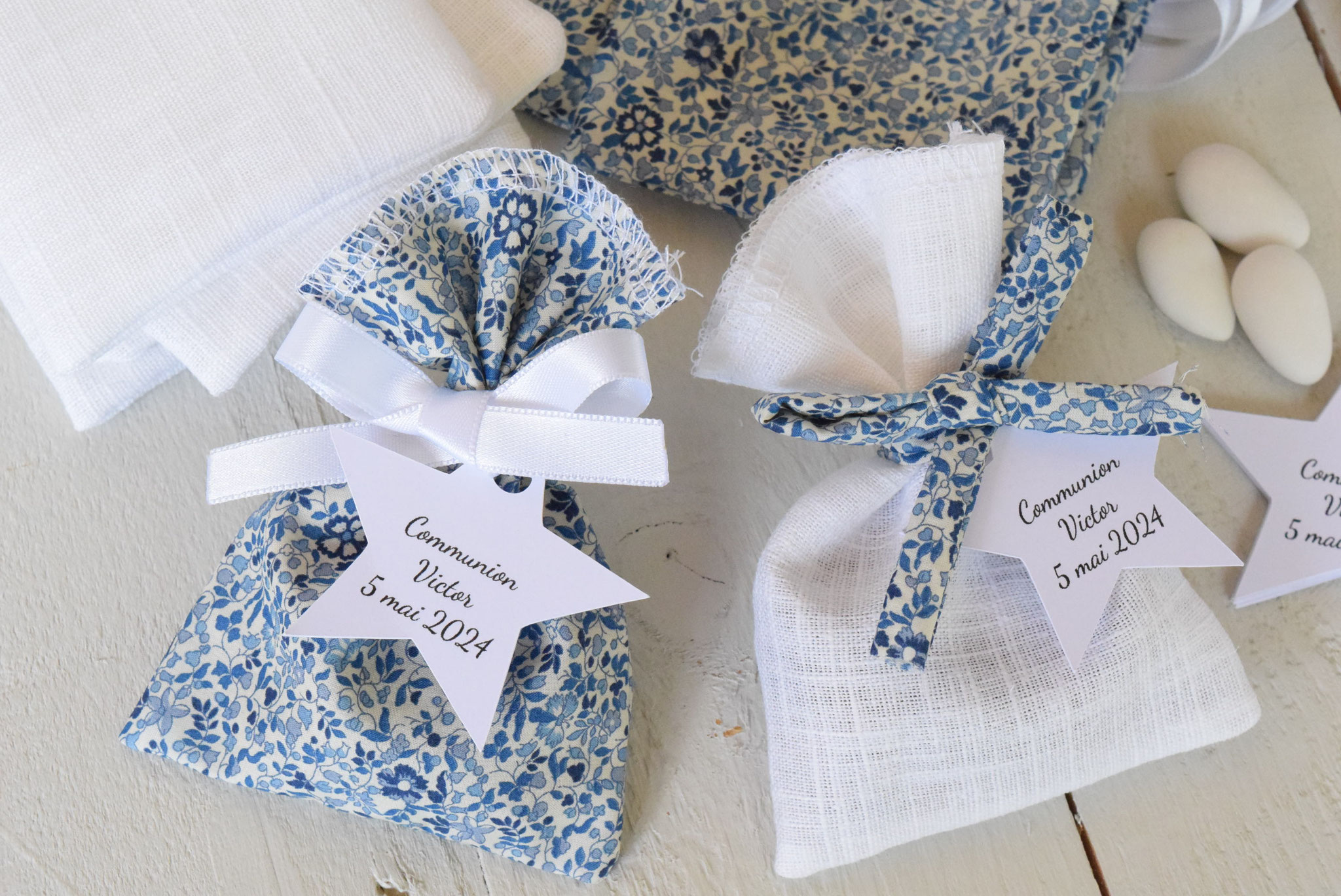 Sachet dragées baptême Liberty bleu katie and millie pour communion fille garçon