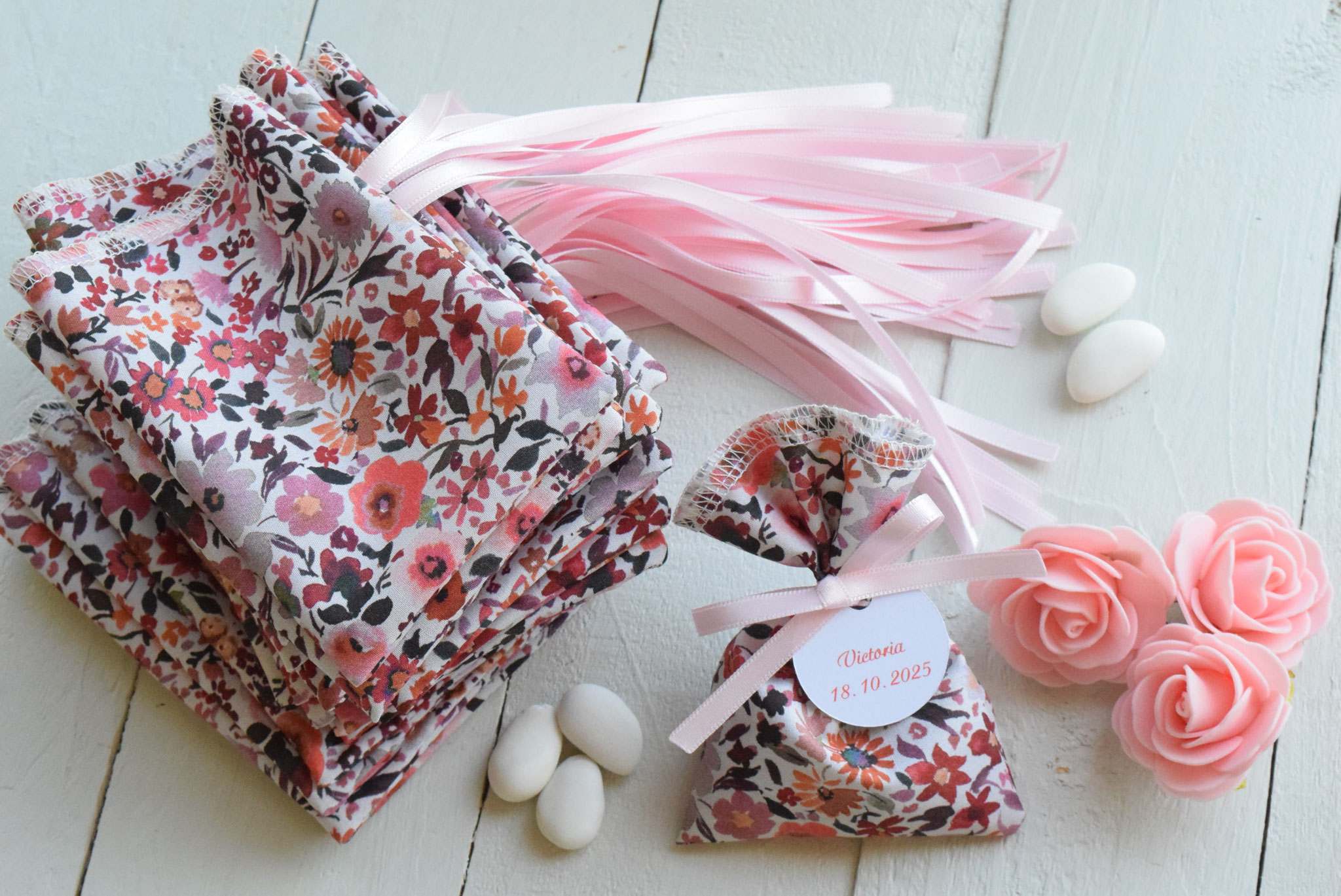 Lot de 30 sachets pour dragées tissu liberty fleuri terracota automne