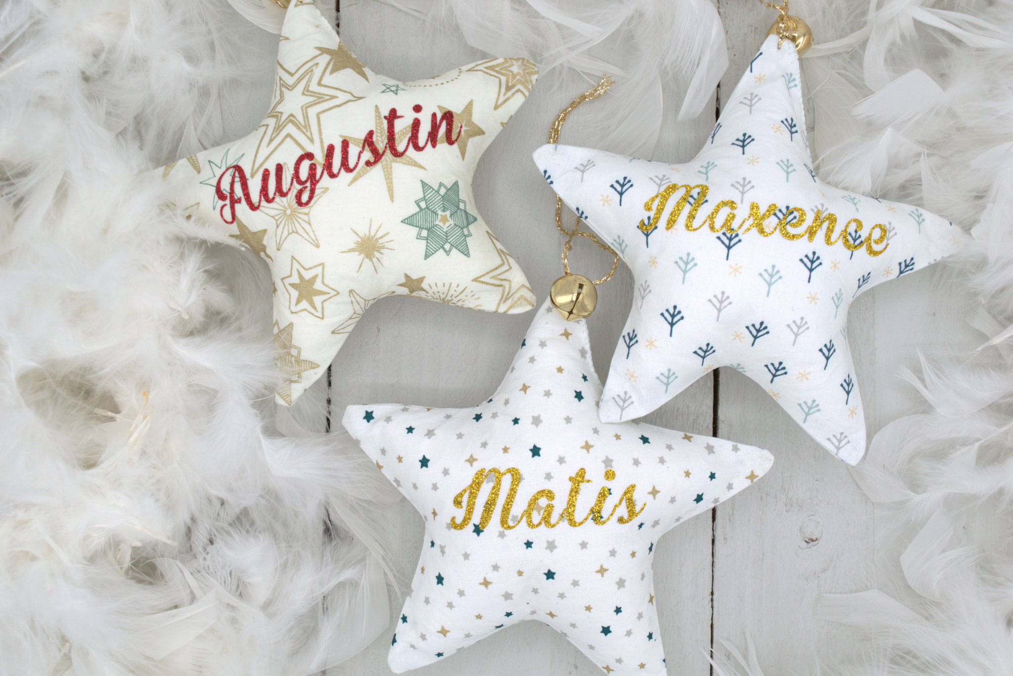 Etoile Noël prénom tissu blanc et étoile bleu & grelot