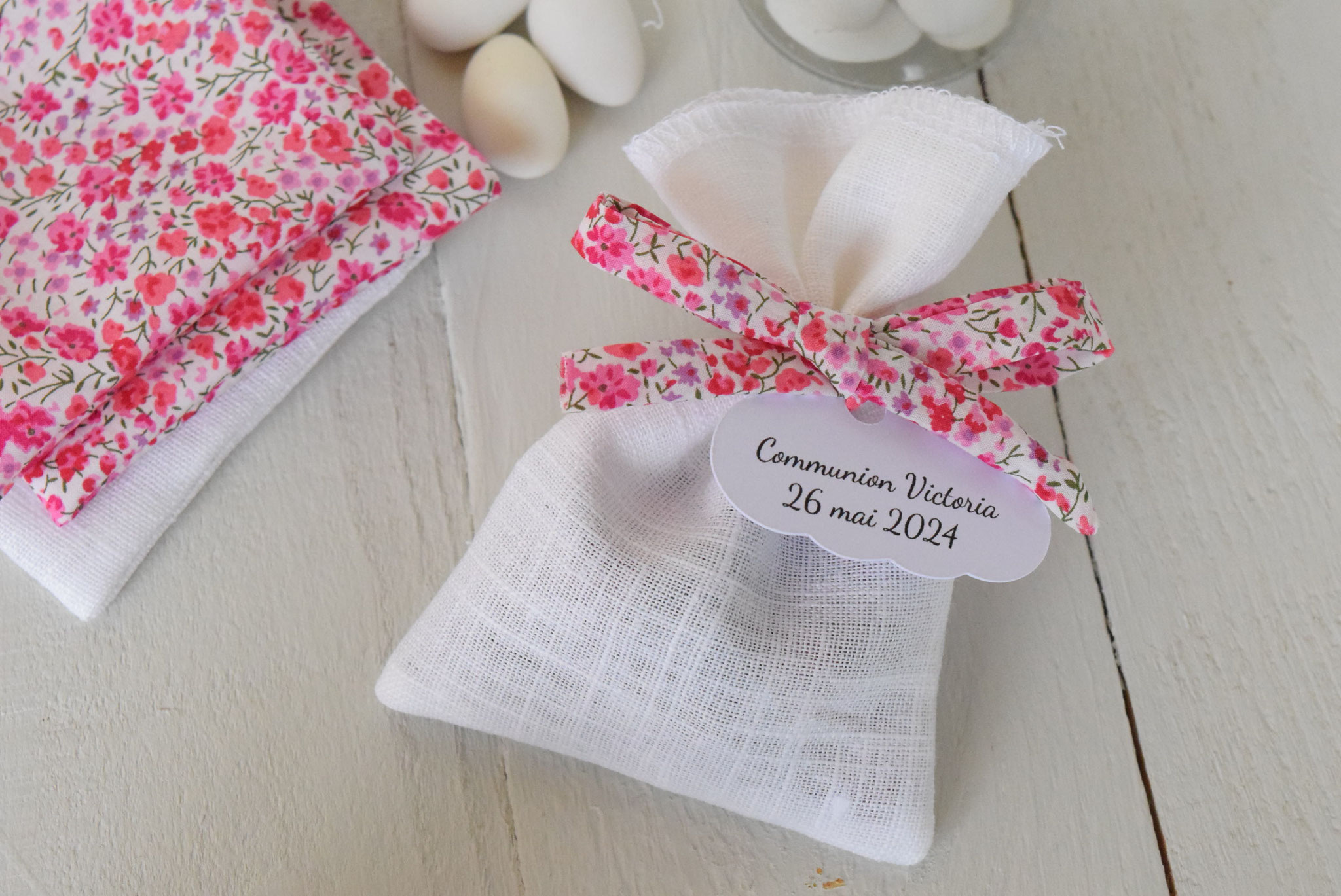 pochon dragées lin blanc pour communion baptême