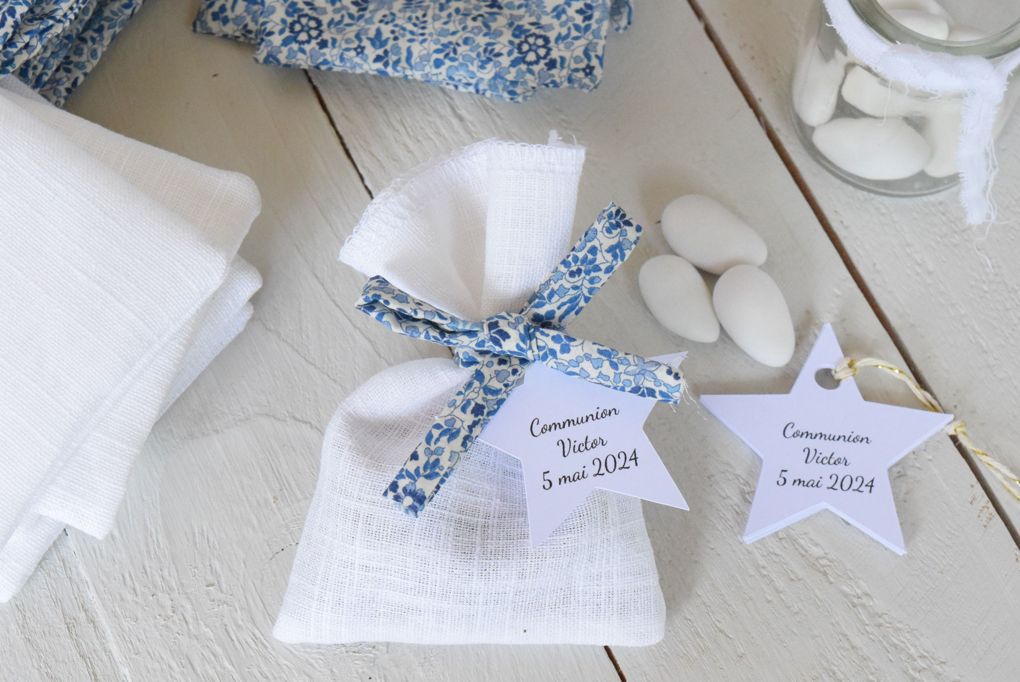 sachet dragées baptême lin blanc 