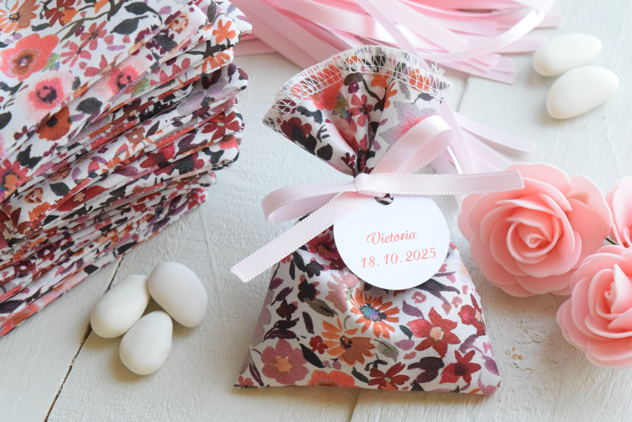 Lot de 30 sachets pour dragées tissu liberty fleuri terracota automne