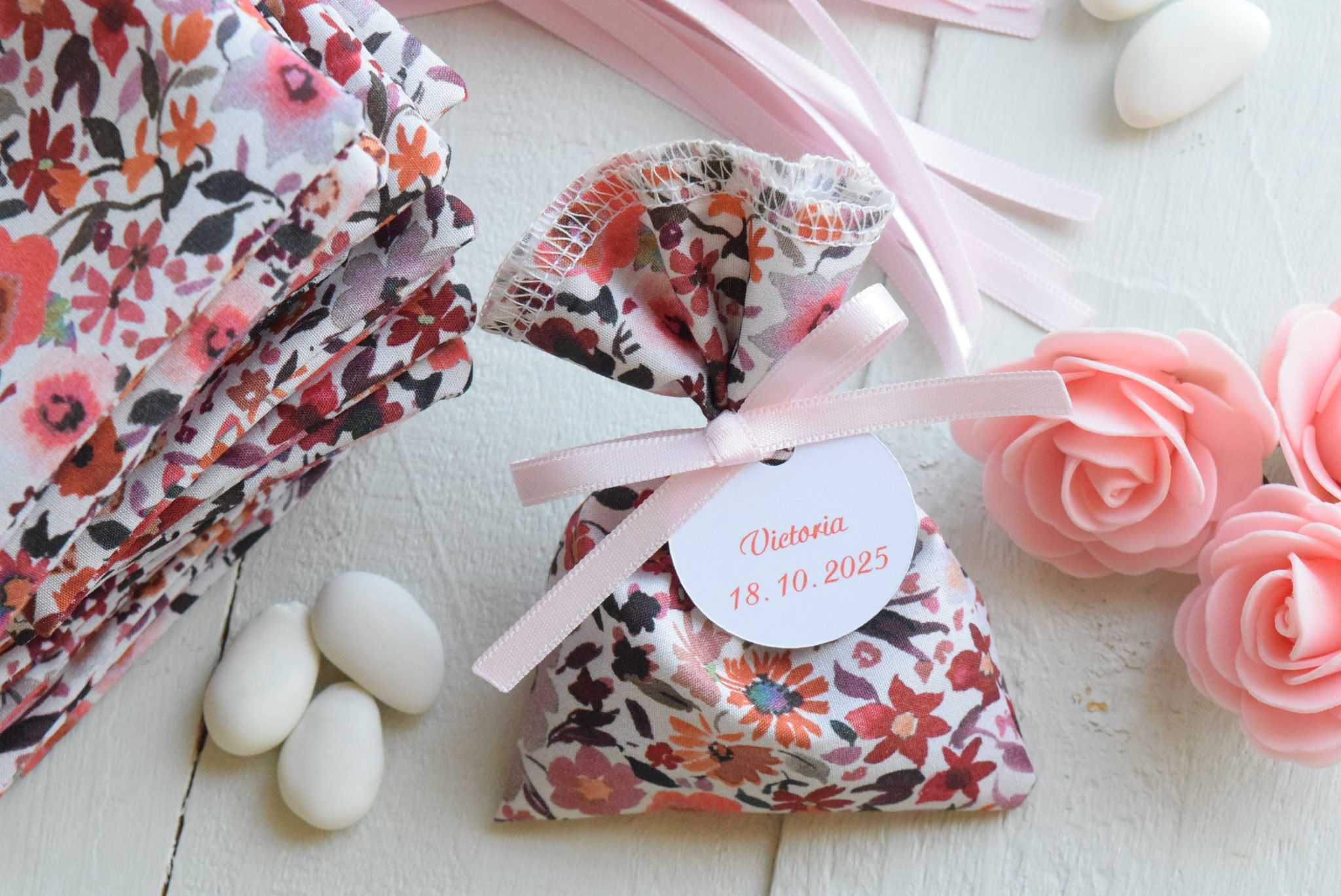 Lot de 30 sachets pour dragées tissu liberty fleuri terracota automne